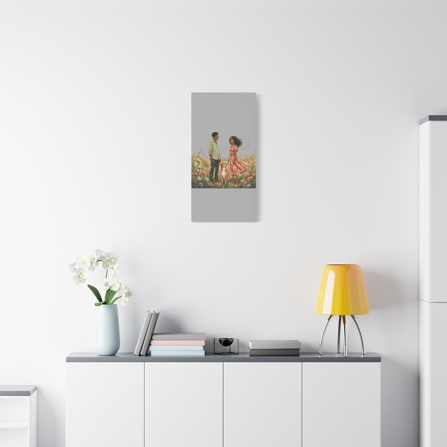 Romantic Couple in Wildflower Field Canvas Art — Black Love Wall Decor with Dog