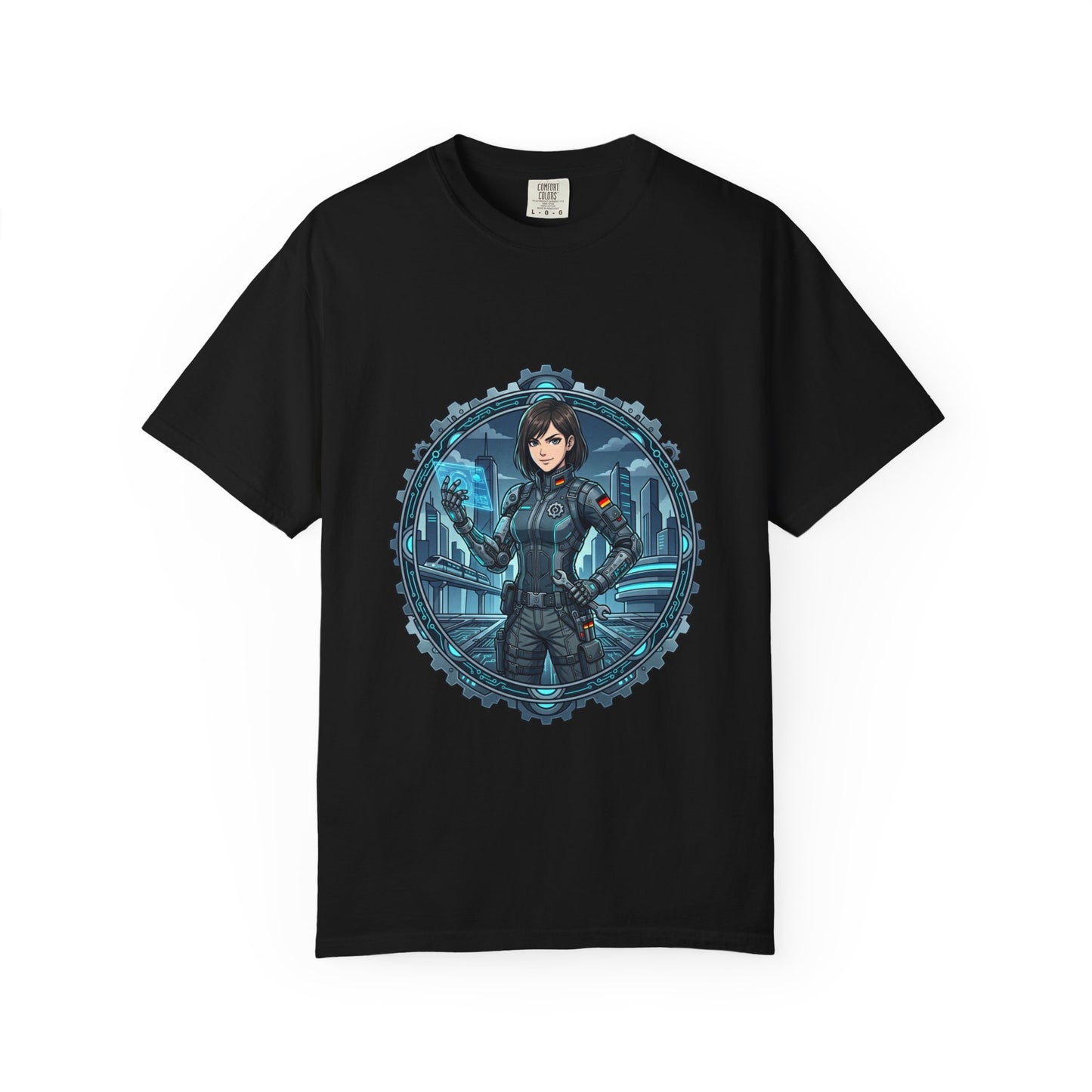 Cyber Ninja Graphic T-Shirt — Futuristic Female Warrior Illustration