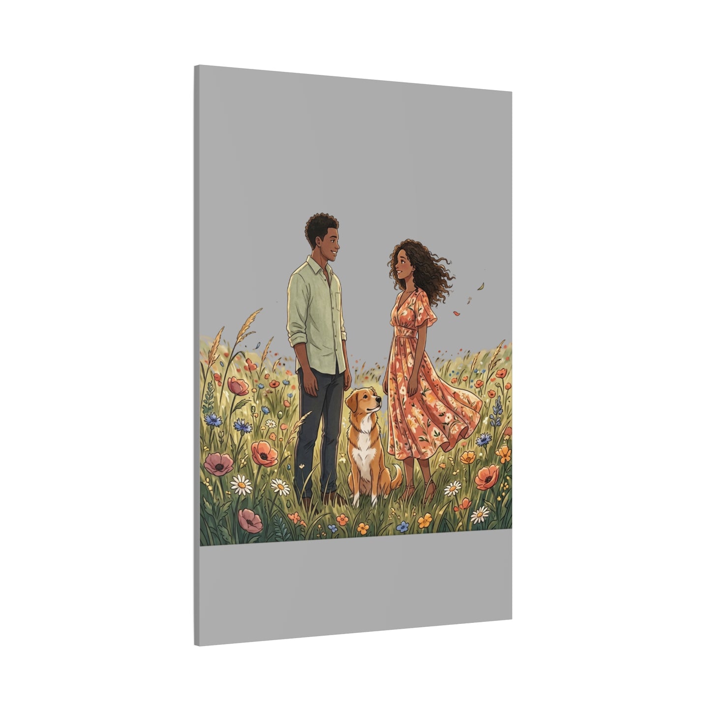 Romantic Couple in Wildflower Field Canvas Art — Black Love Wall Decor with Dog
