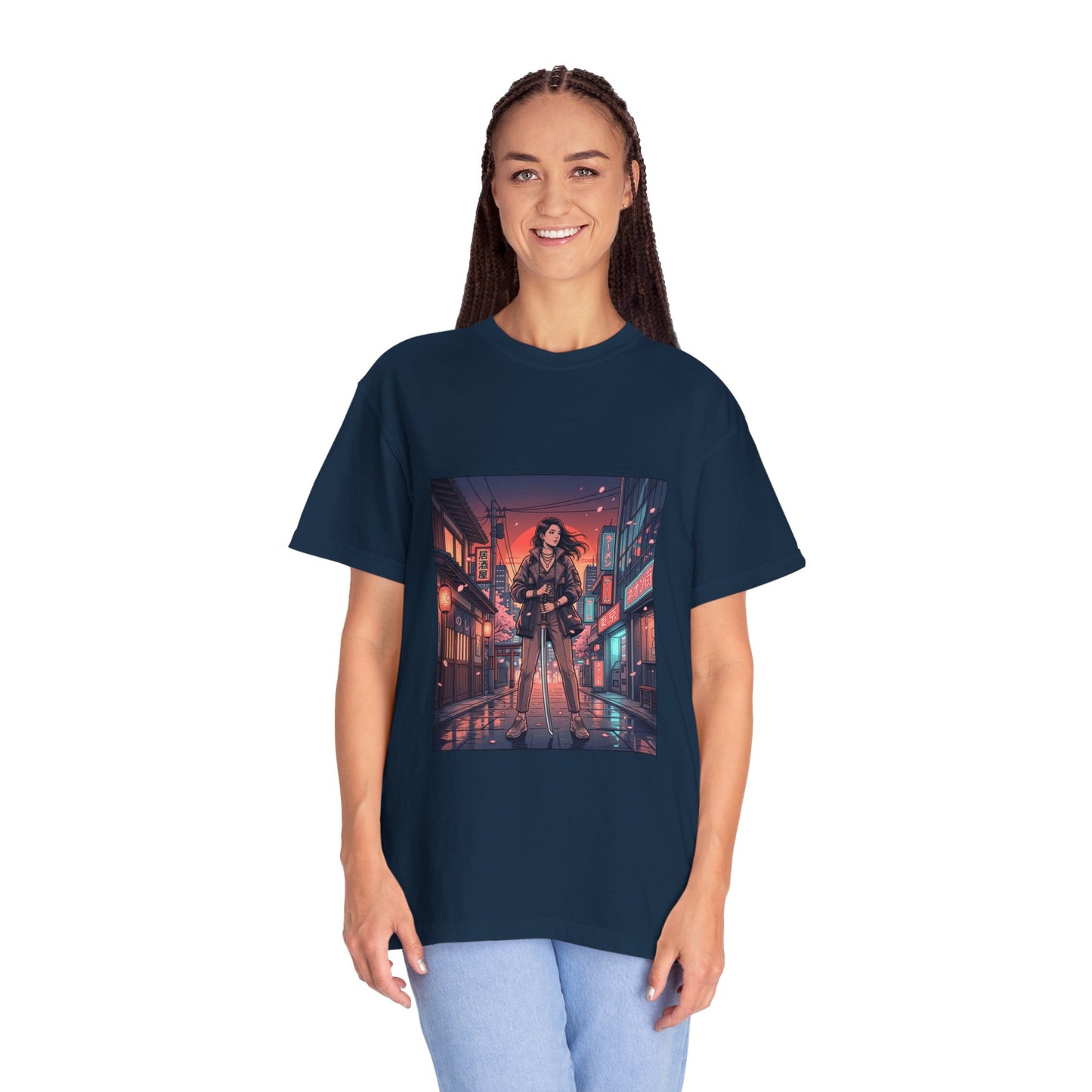 Cyberpunk Night Streets T‑Shirt — Neon Samurai Girl Graphic Tee