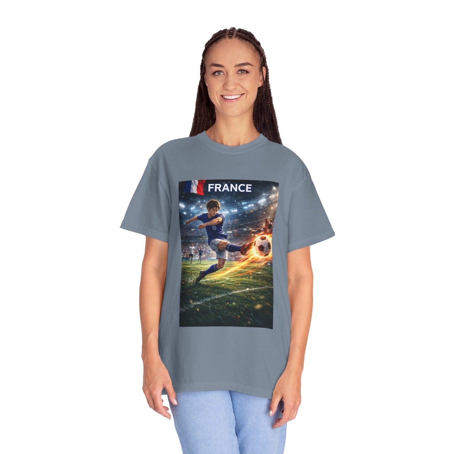 France Soccer Player Graphic T-Shirt — Football Kick Stadium Design