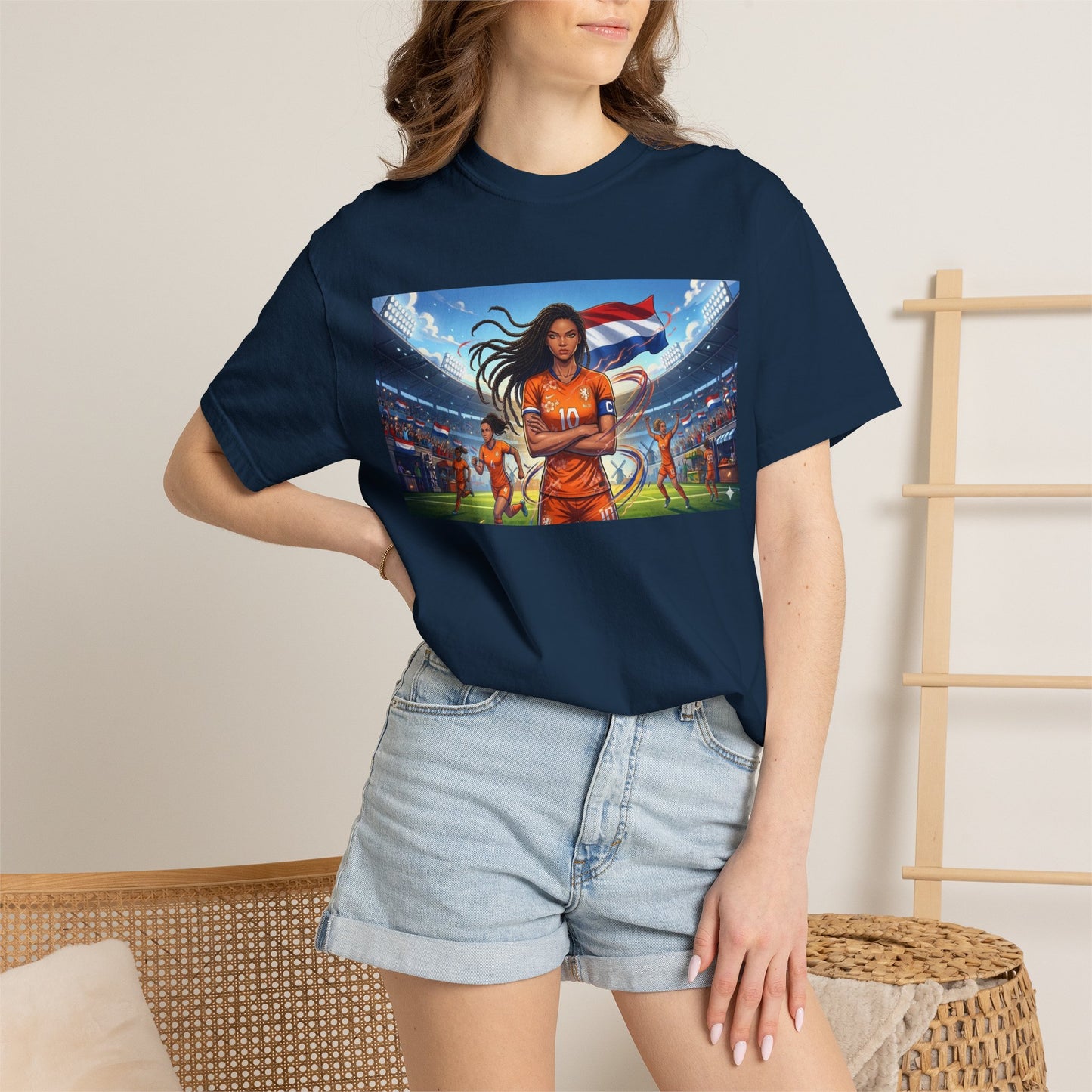 Soccer Warrior T-Shirt — Netherlands Female Captain with Flag Stadium Graphic