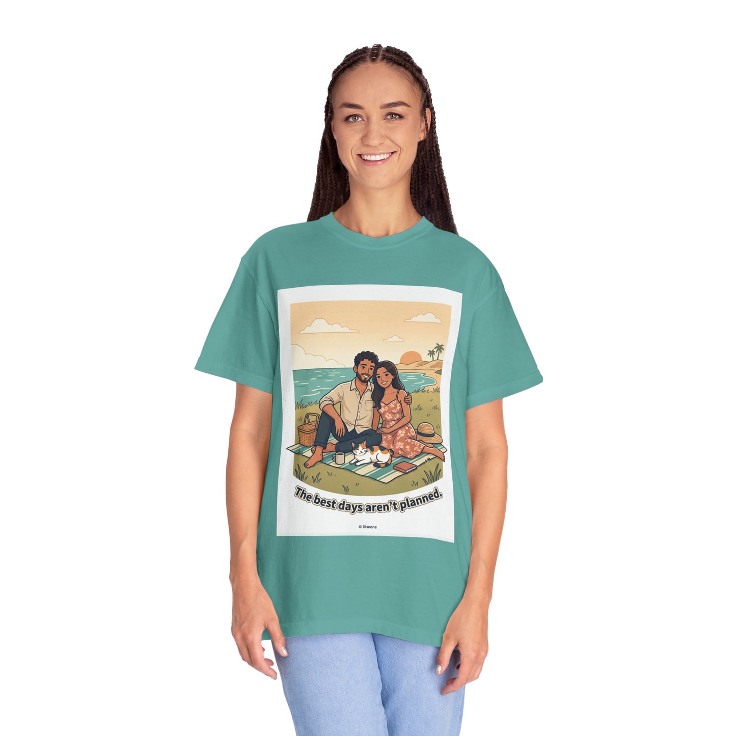 Beach Picnic Couple T‑Shirt — “The best days aren’t planned.” Relaxed Vacation Tee