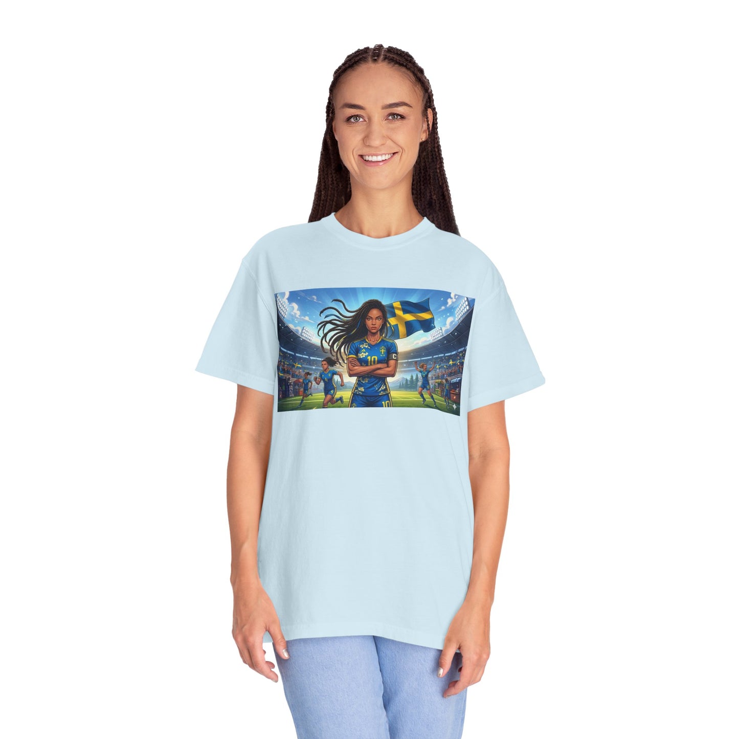Swedish Soccer Pride T-Shirt — Female Footballer with Flag Stadium Design