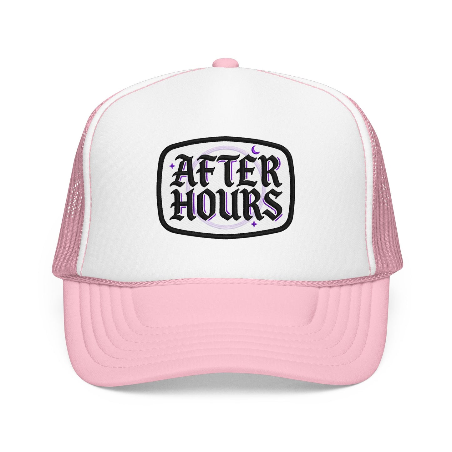 After Hours Foam Trucker Hat – Retro Gothic Embroidered Patch Cap