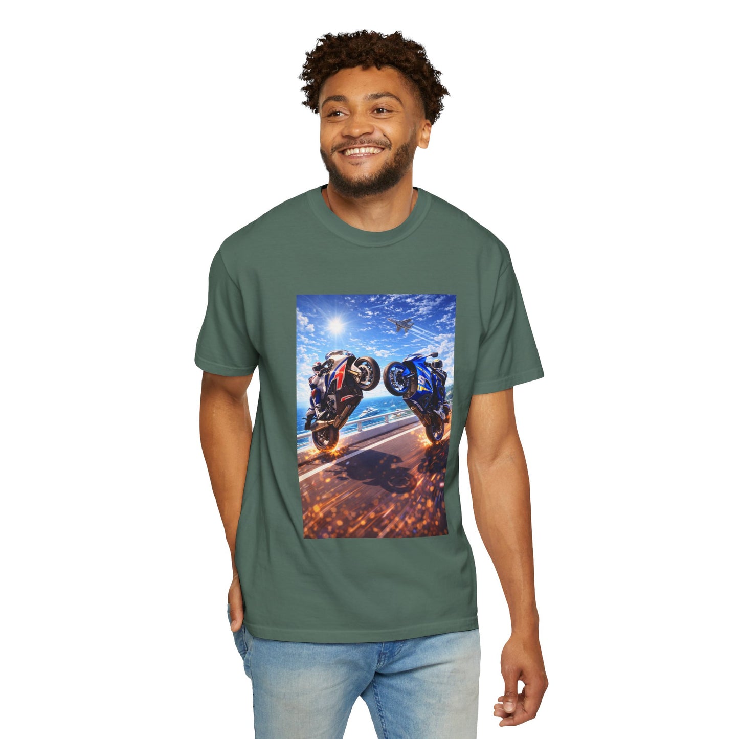 Stunt Riders Motorcycle T-Shirt — Two Bike Wheelie Racing Graphic Tee