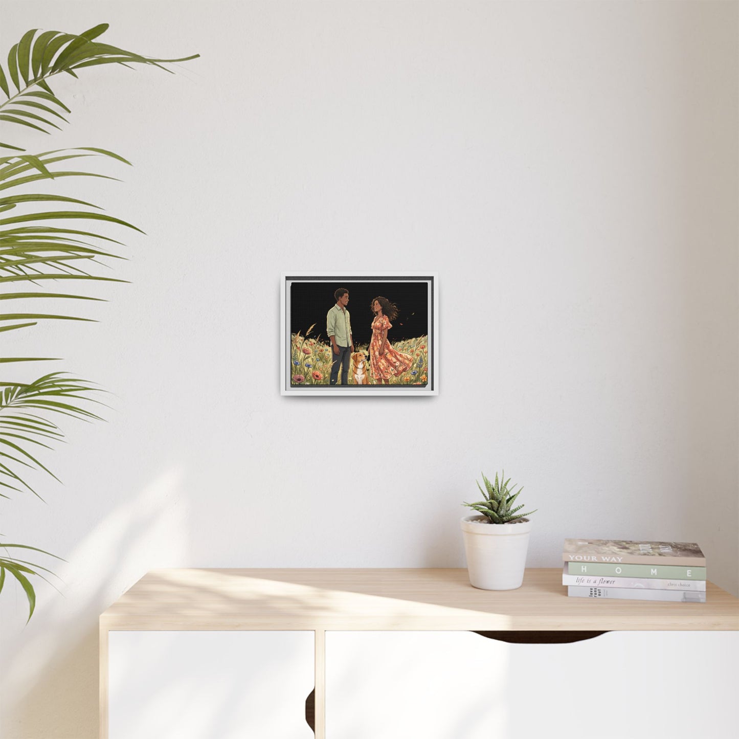 Framed Matte Canvas Print — Romantic Couple in Wildflower Field (Multi‑Color)