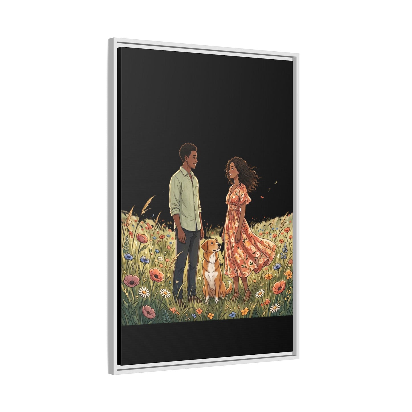 Framed Matte Canvas Print — Romantic Couple in Wildflower Field (Multi‑Color)