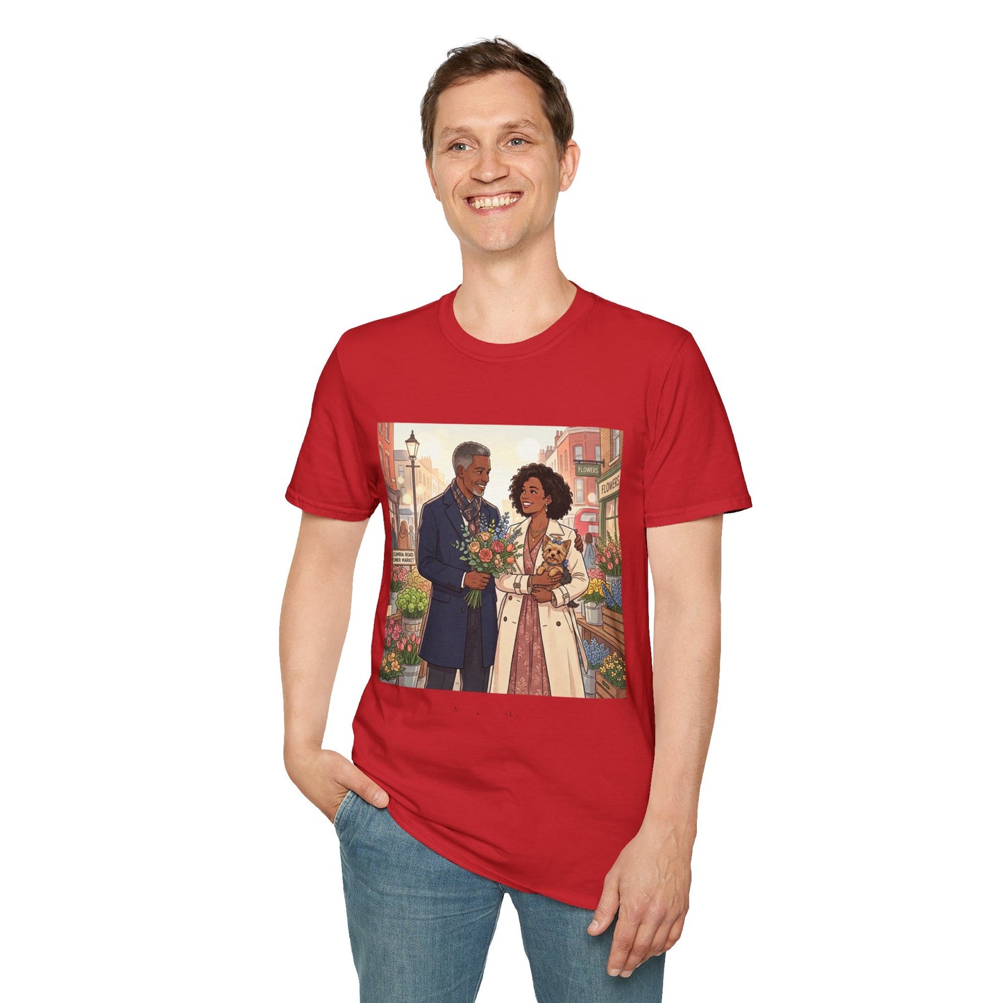 Romantic City Stroll T-Shirt — Couple Bouquet Illustration