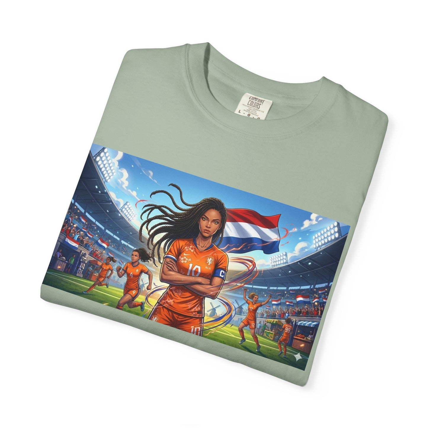 Soccer Warrior T-Shirt — Netherlands Female Captain with Flag Stadium Graphic