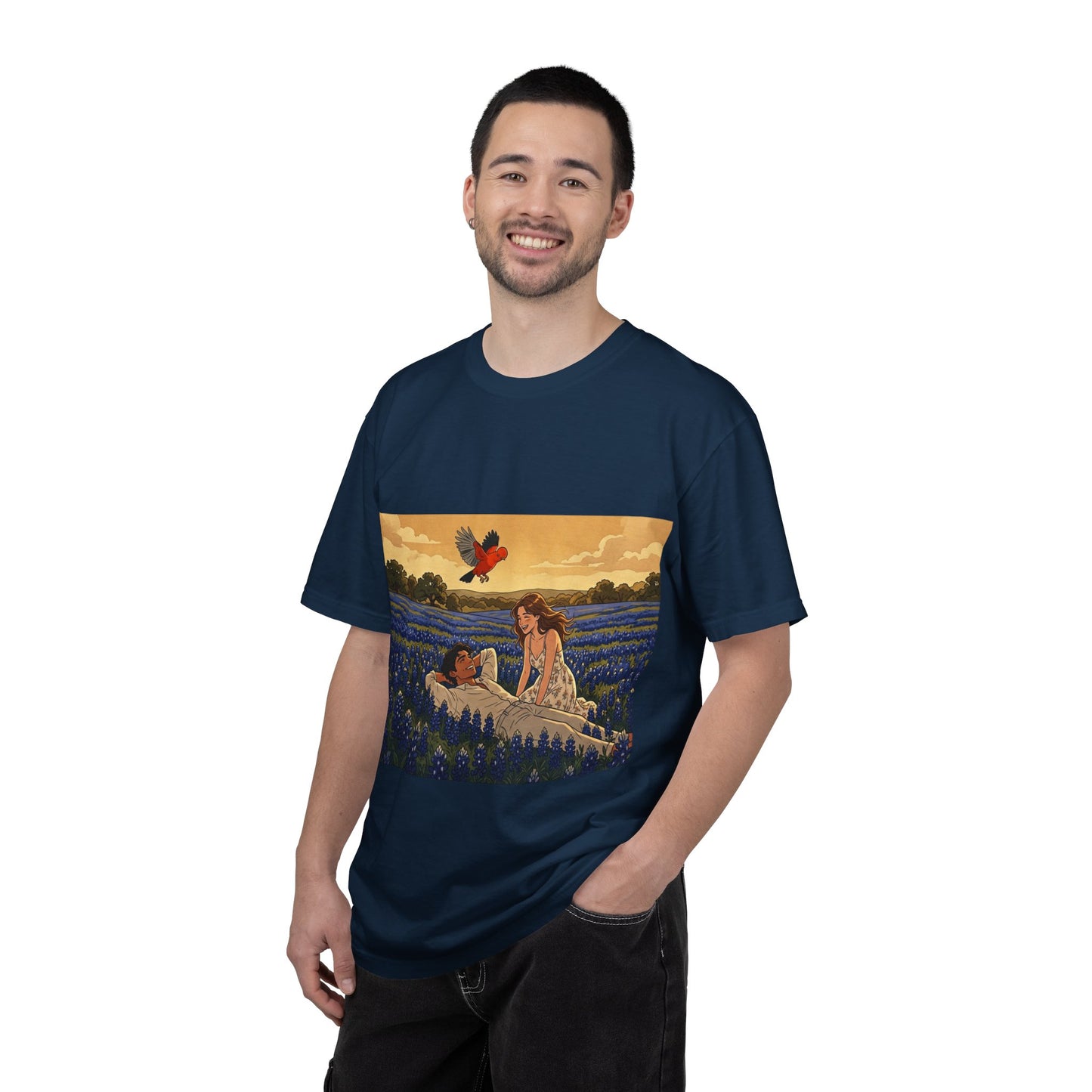Romantic Bluebonnet Field T-Shirt — Couple in Wildflower Meadow Art Tee