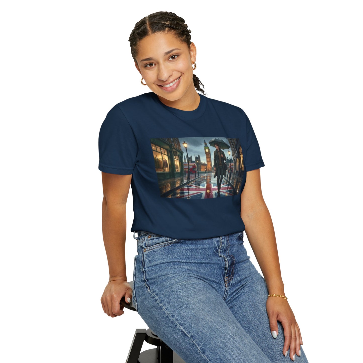 T-Shirt — Rainy London Street Scene Graphic Tee (Big Ben, Umbrella, Night Cityscape)