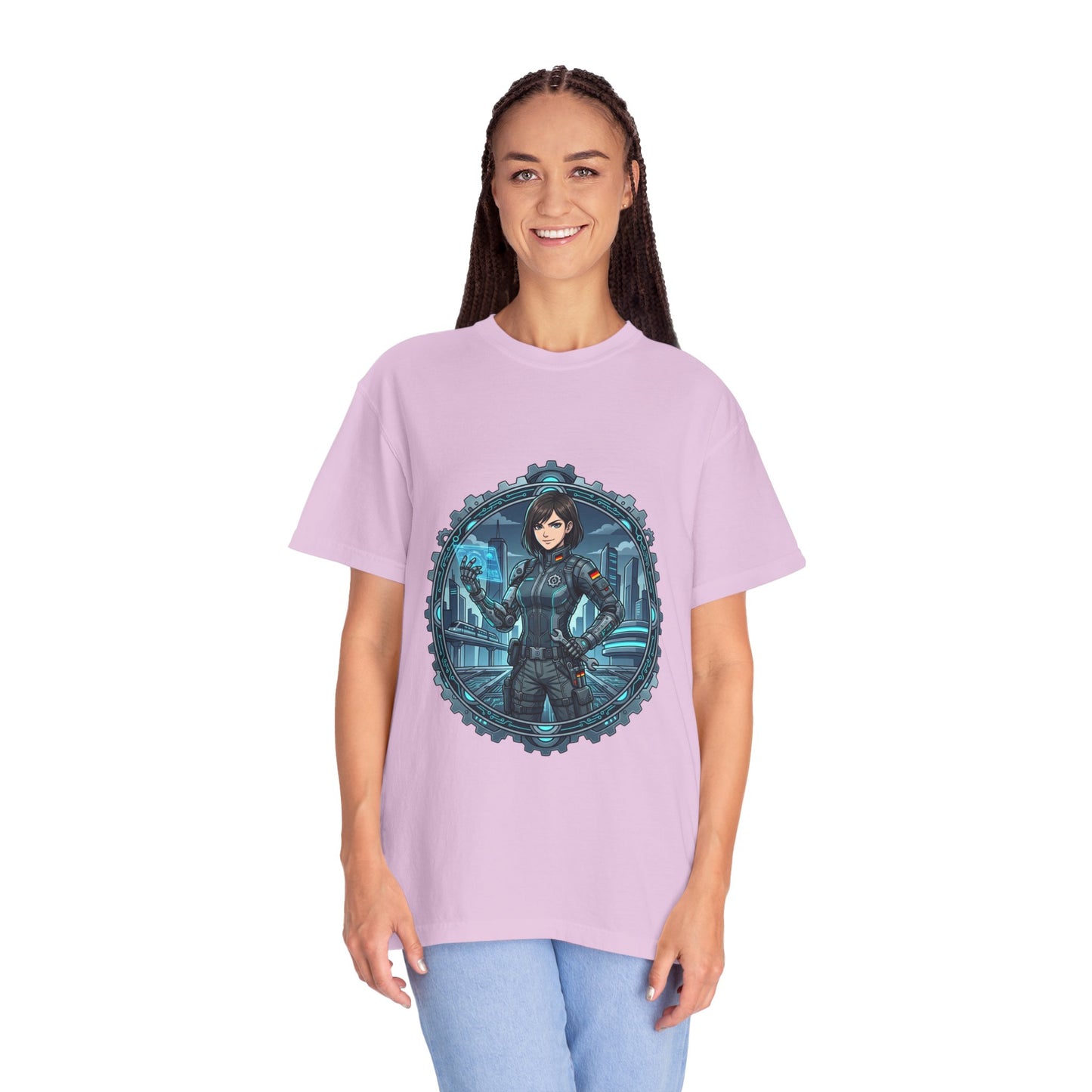 Cyber Ninja Graphic T-Shirt — Futuristic Female Warrior Illustration