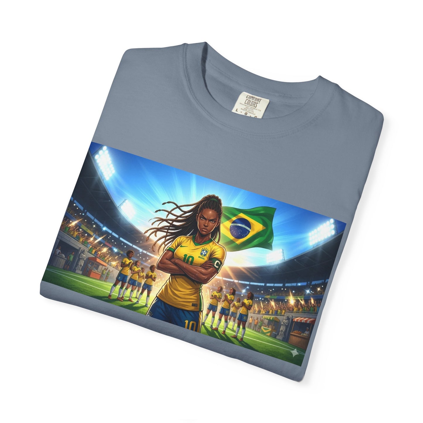 Brazil Soccer Captain T-Shirt — Player Holding Ball with Brazilian Flag Stadium Graphic