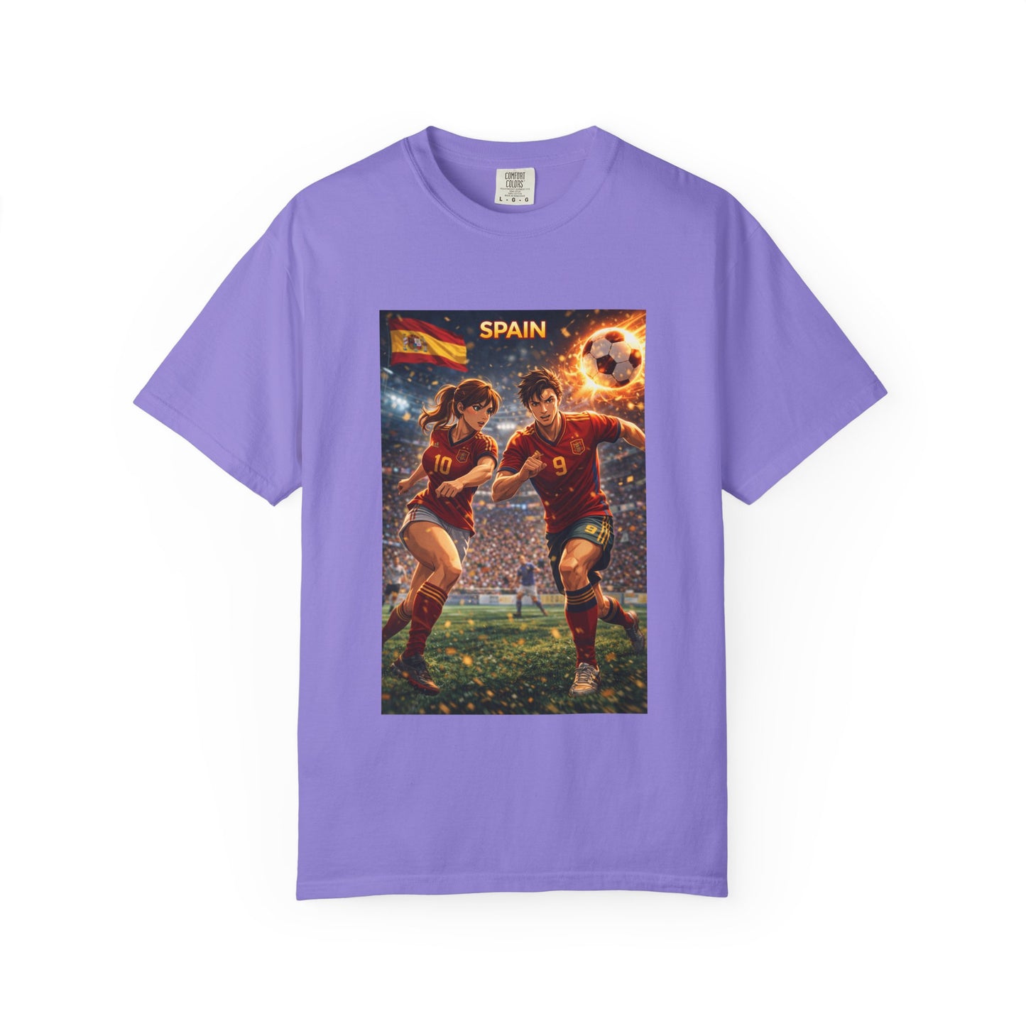 Spain Soccer Graphic T-Shirt — Retro Match Scene with Flag