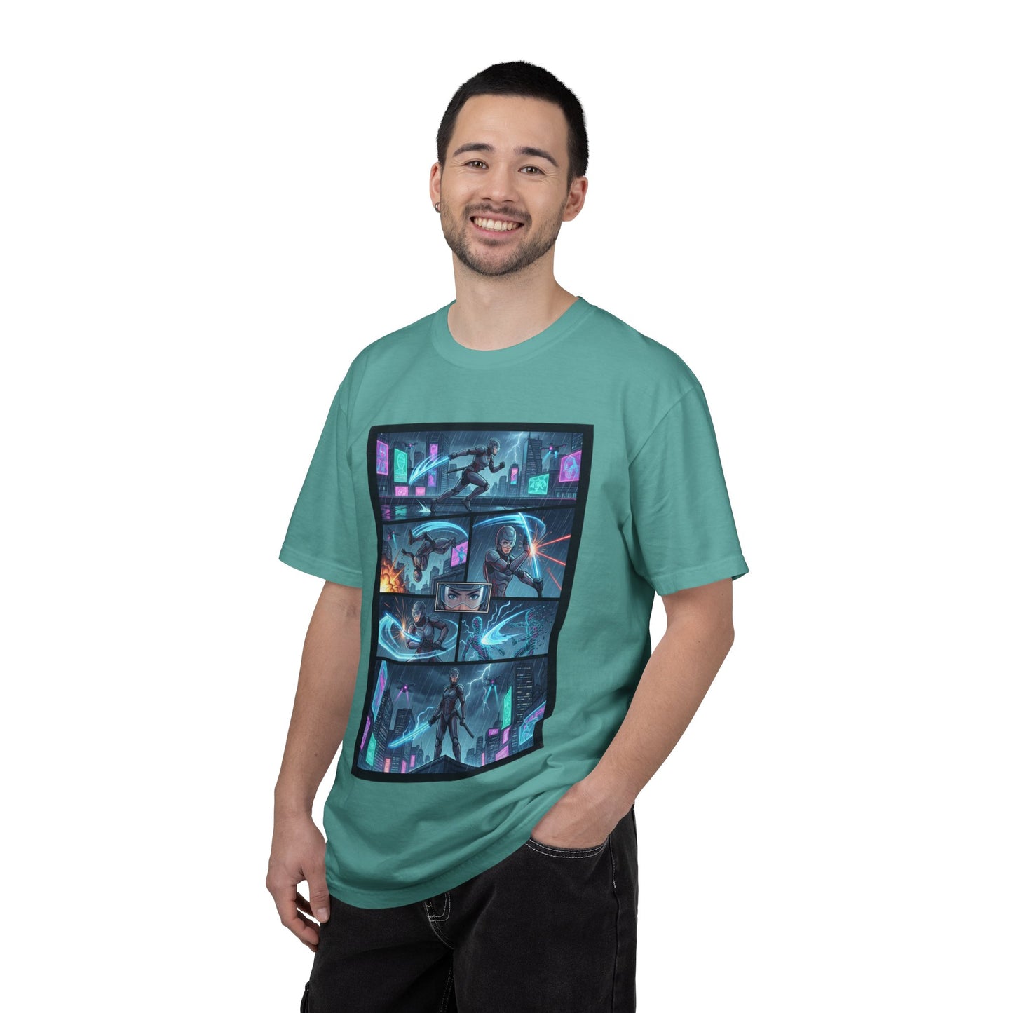 Cyberpunk Girl Samurai T-Shirt — Neon Manga Panel Graphic Tee