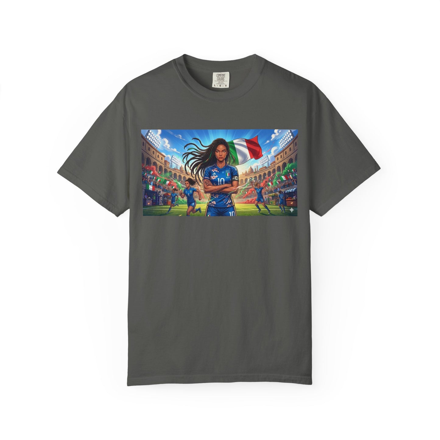 Italian Soccer Fan T‑Shirt – Inspirational Female Player with Italy Flag Stadium Print