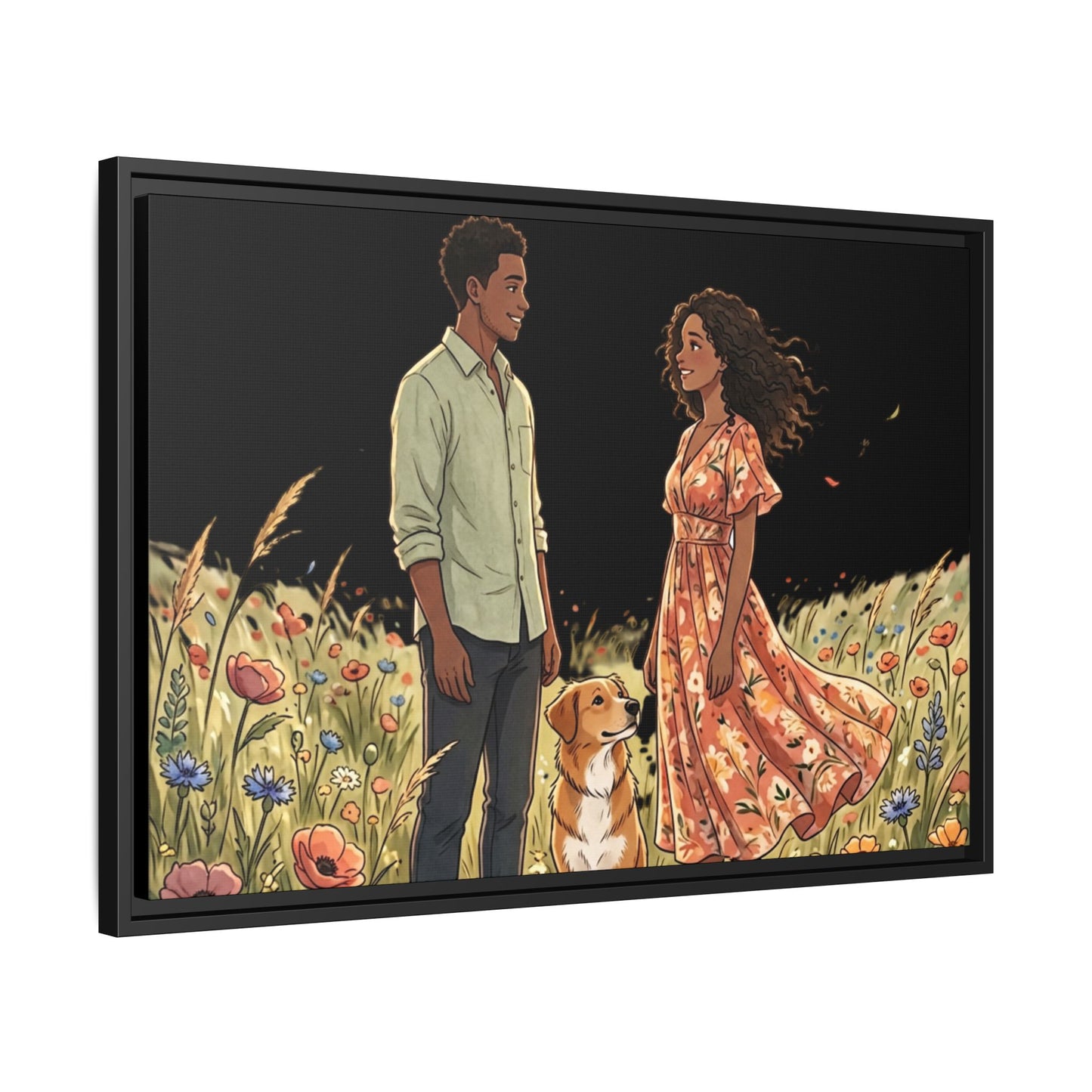 Framed Matte Canvas Print — Romantic Couple in Wildflower Field (Multi‑Color)