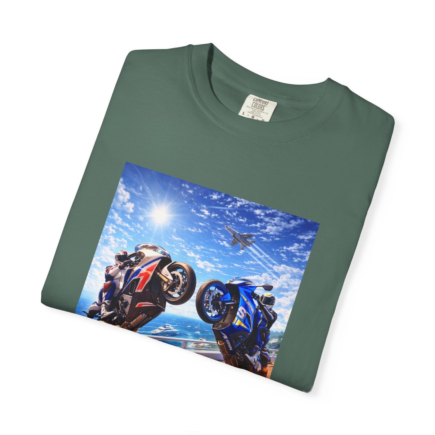 Stunt Riders Motorcycle T-Shirt — Two Bike Wheelie Racing Graphic Tee