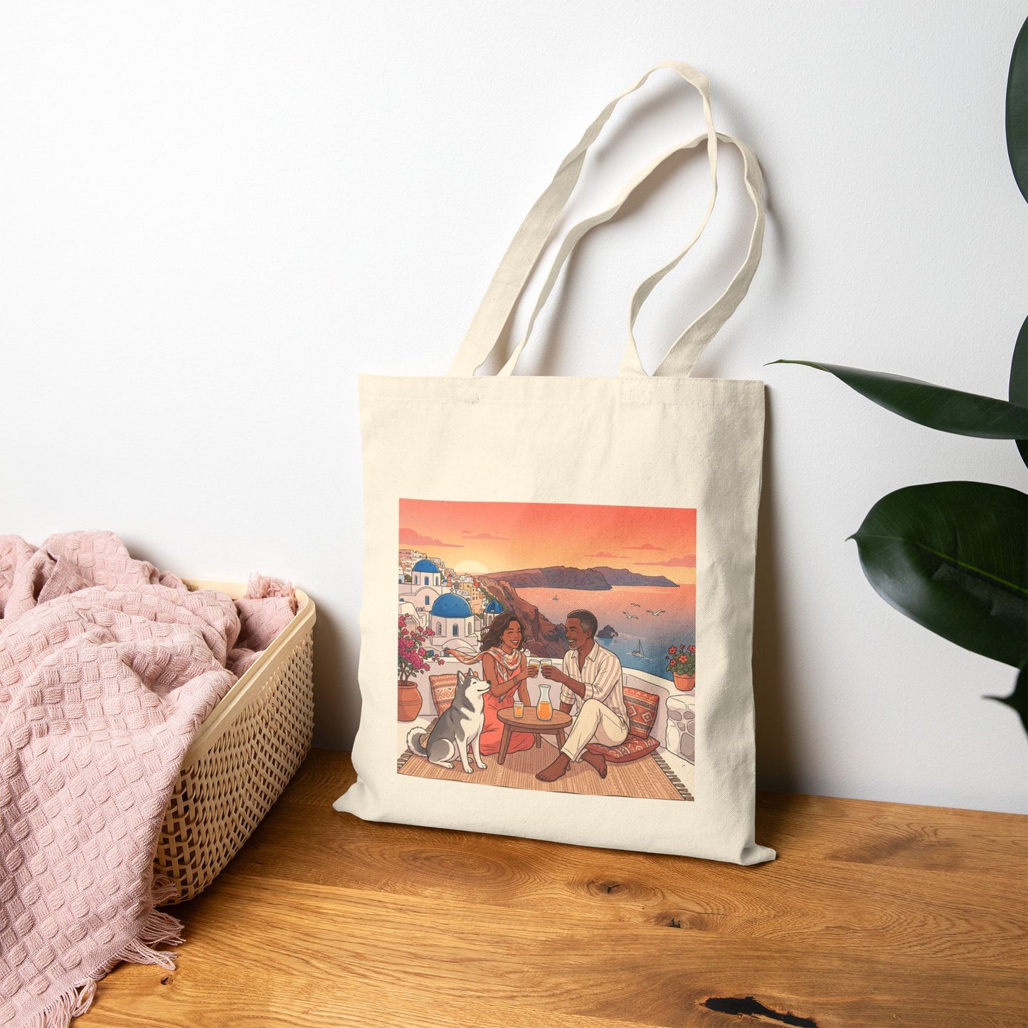 Santorini Sunset Beach Tote — Romantic Couple & Dog Canvas Bag