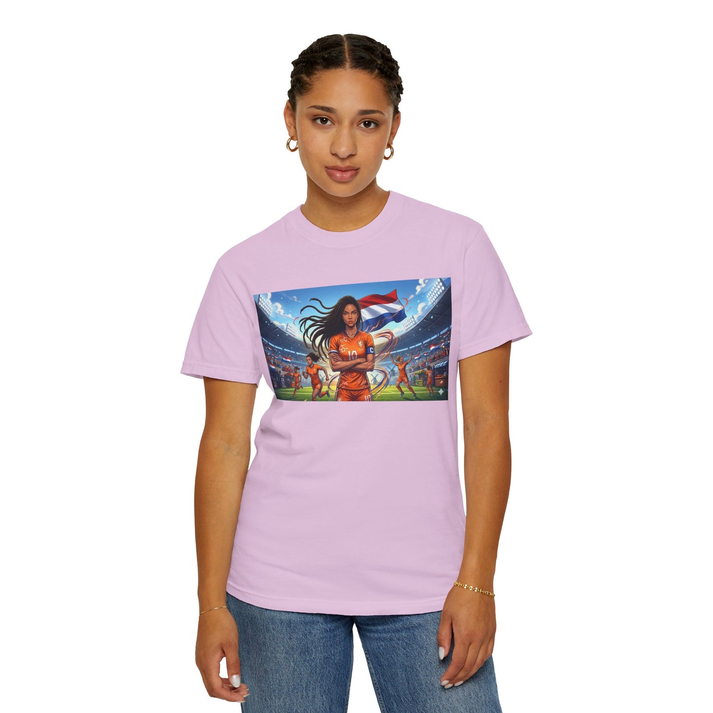 Soccer Warrior T-Shirt — Netherlands Female Captain with Flag Stadium Graphic