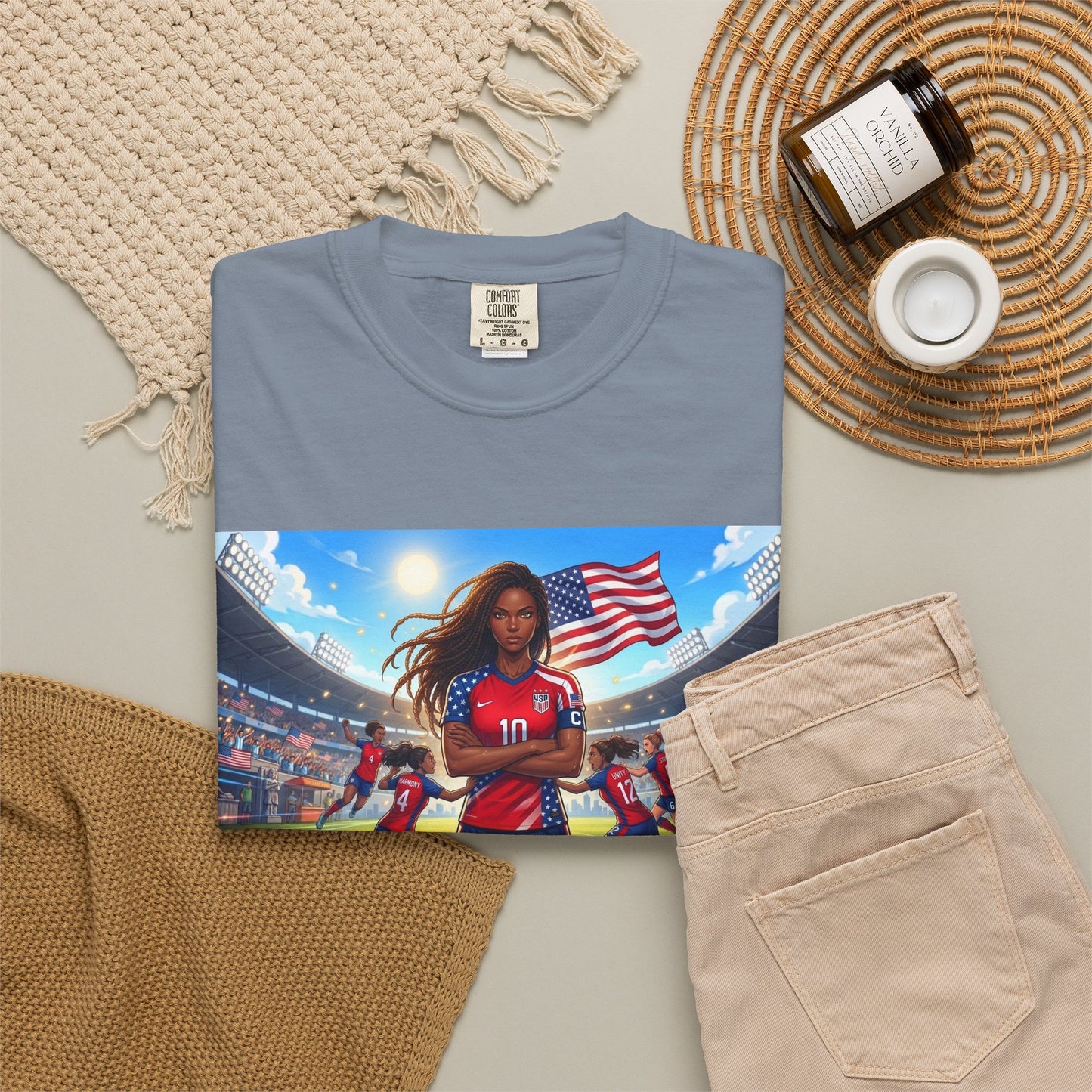 Soccer Mom USA T-Shirt — Female Soccer Player with American Flag Stadium Graphic