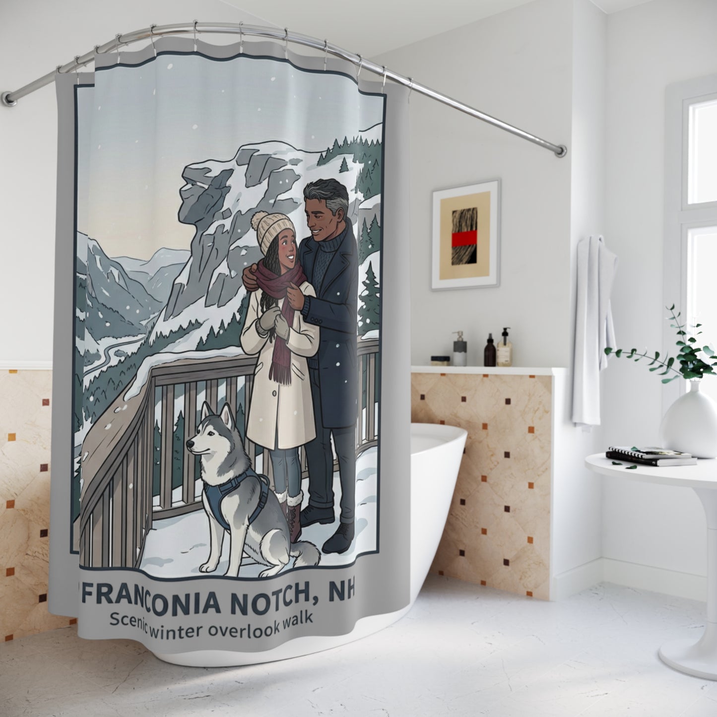 Franconia Notch Winter Shower Curtain — Scenic Snowy Overlook Bathroom Decor