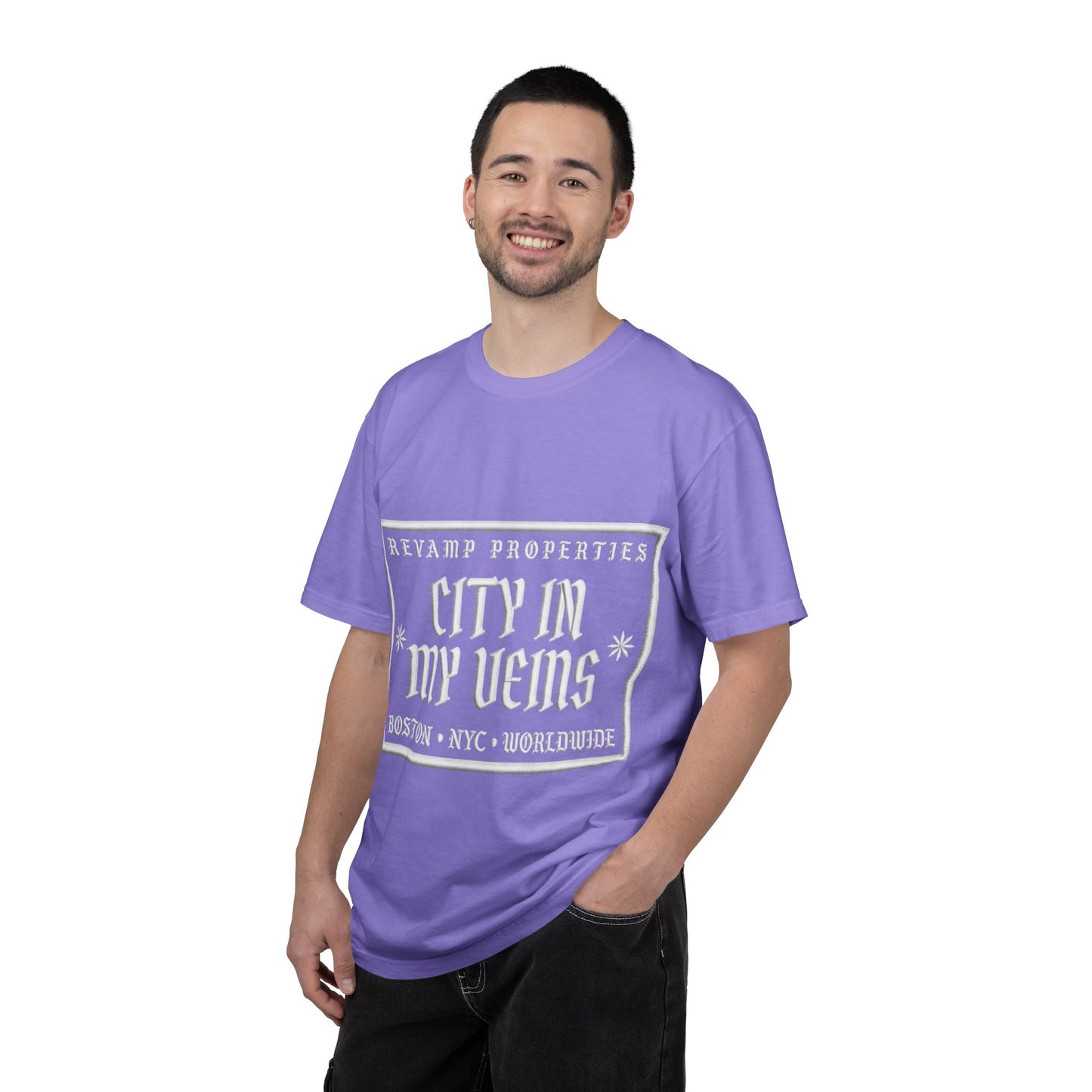 City In My Veins T‑Shirt — Vintage Cityscape Tee (Boston • NYC • Manchester)