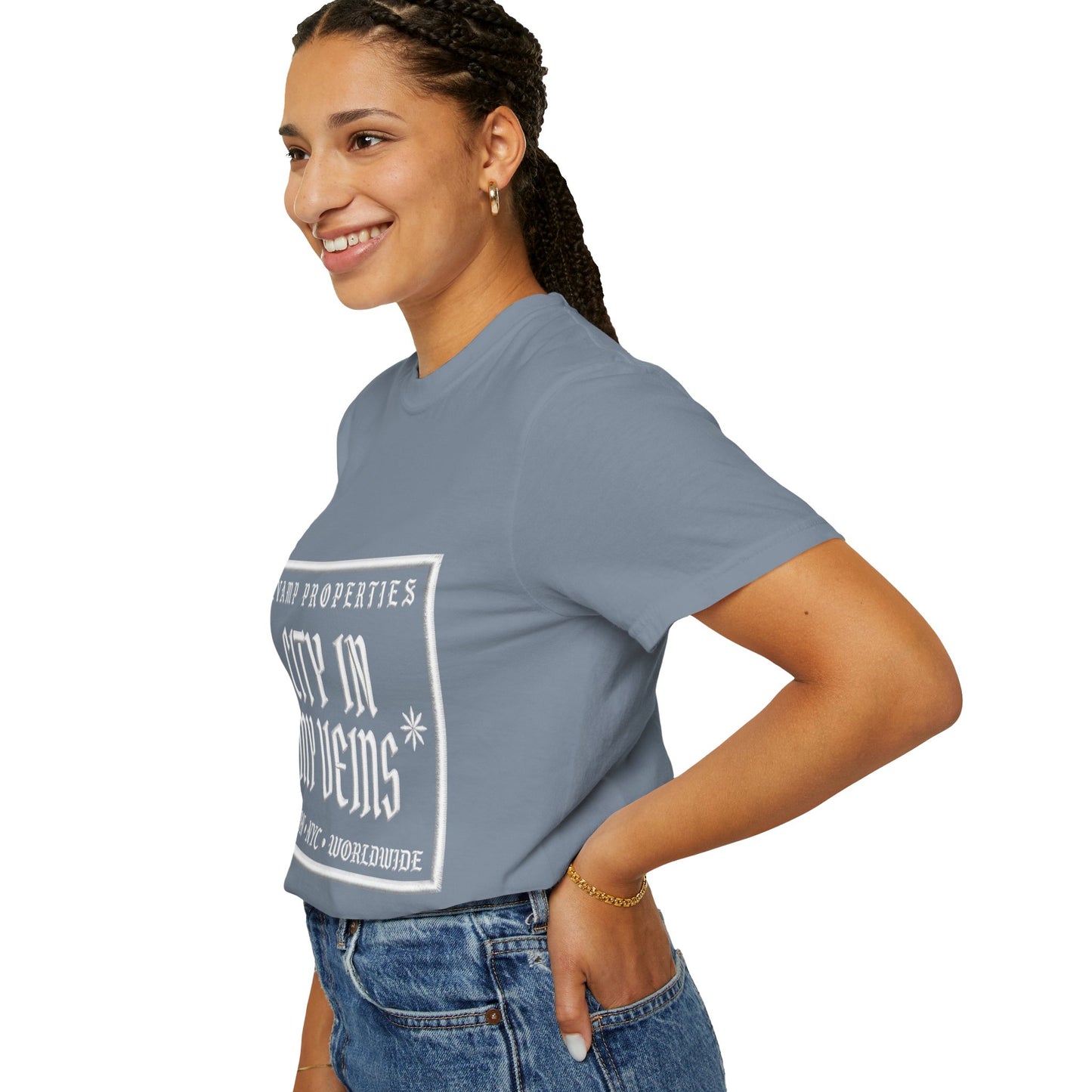 City In My Veins T‑Shirt — Vintage Cityscape Tee (Boston • NYC • Manchester)
