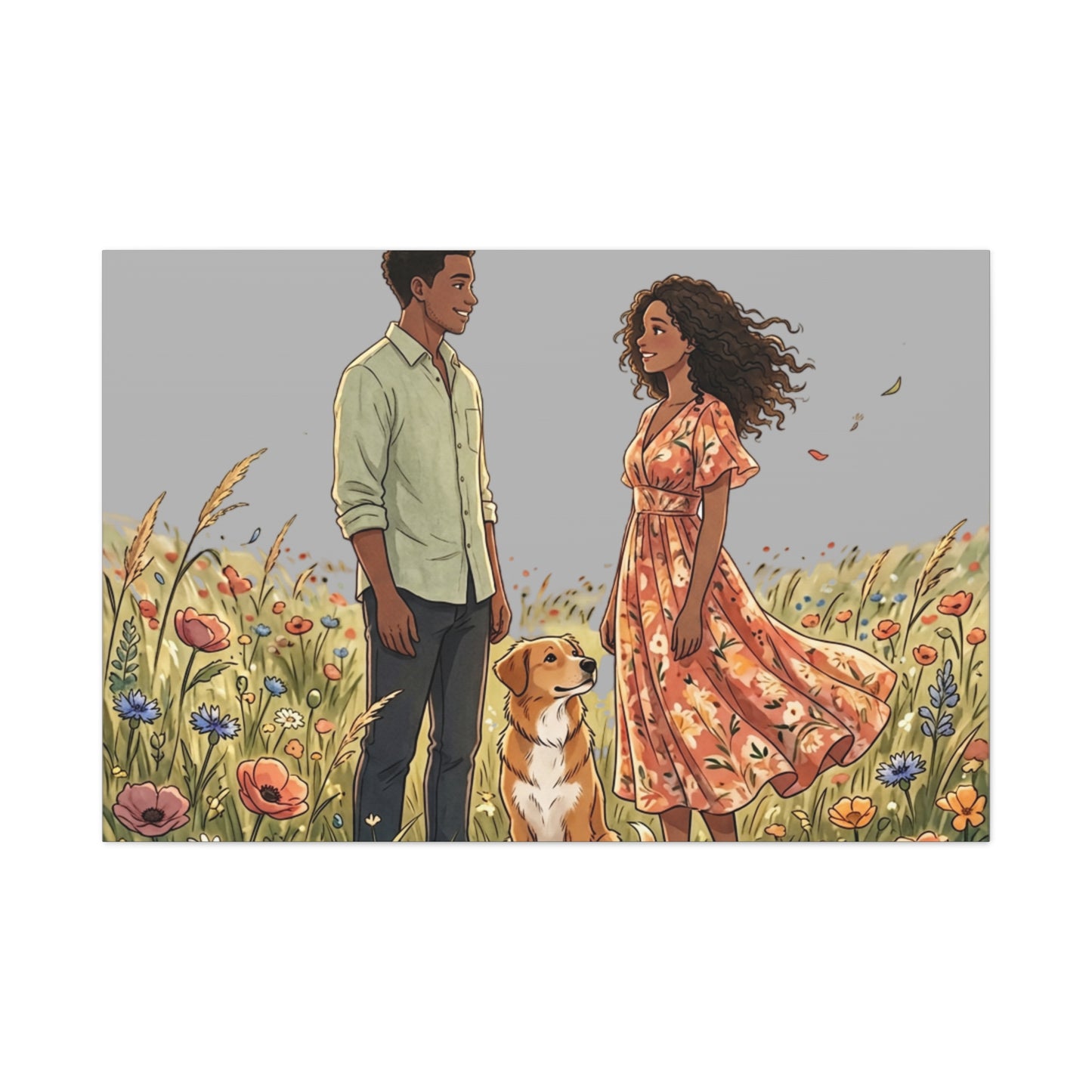 Romantic Couple in Wildflower Field Canvas Art — Black Love Wall Decor with Dog