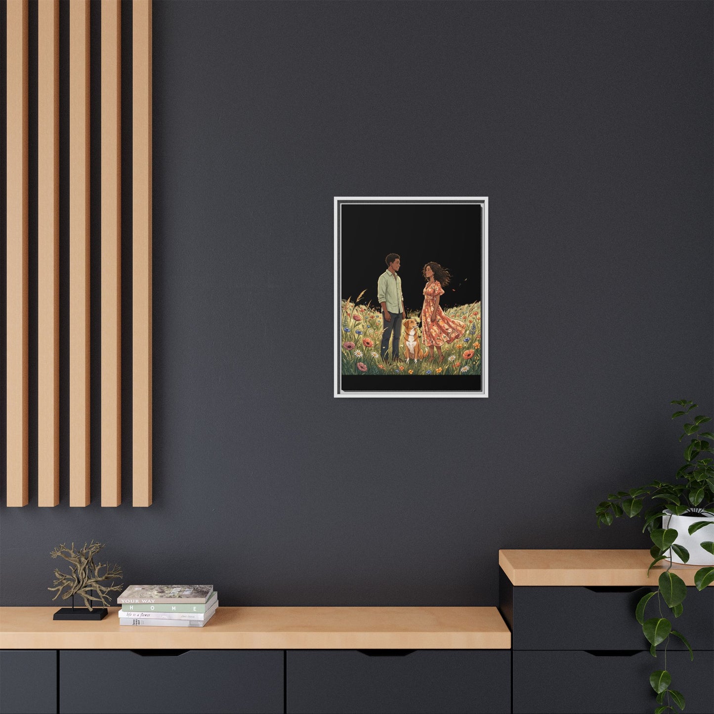 Framed Matte Canvas Print — Romantic Couple in Wildflower Field (Multi‑Color)