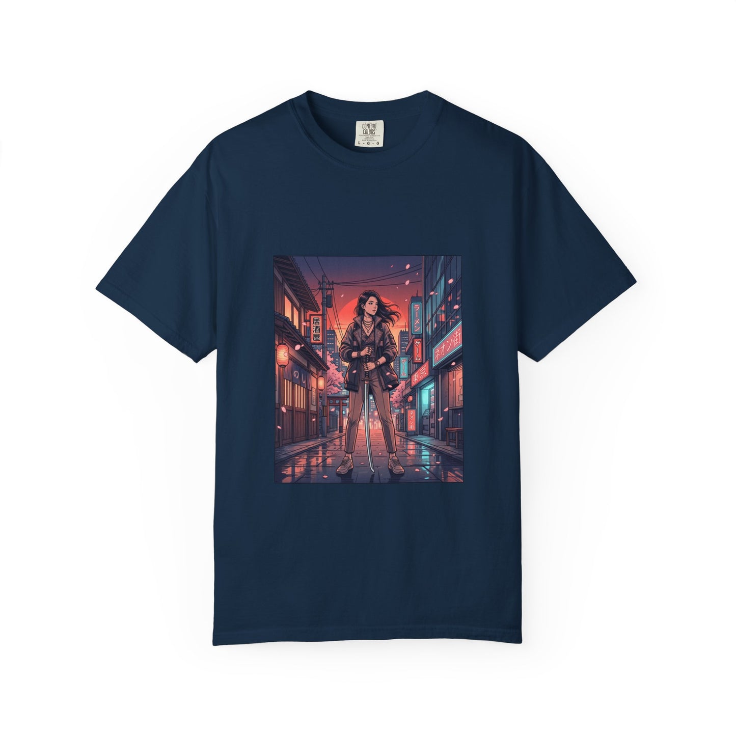 Cyberpunk Night Streets T‑Shirt — Neon Samurai Girl Graphic Tee