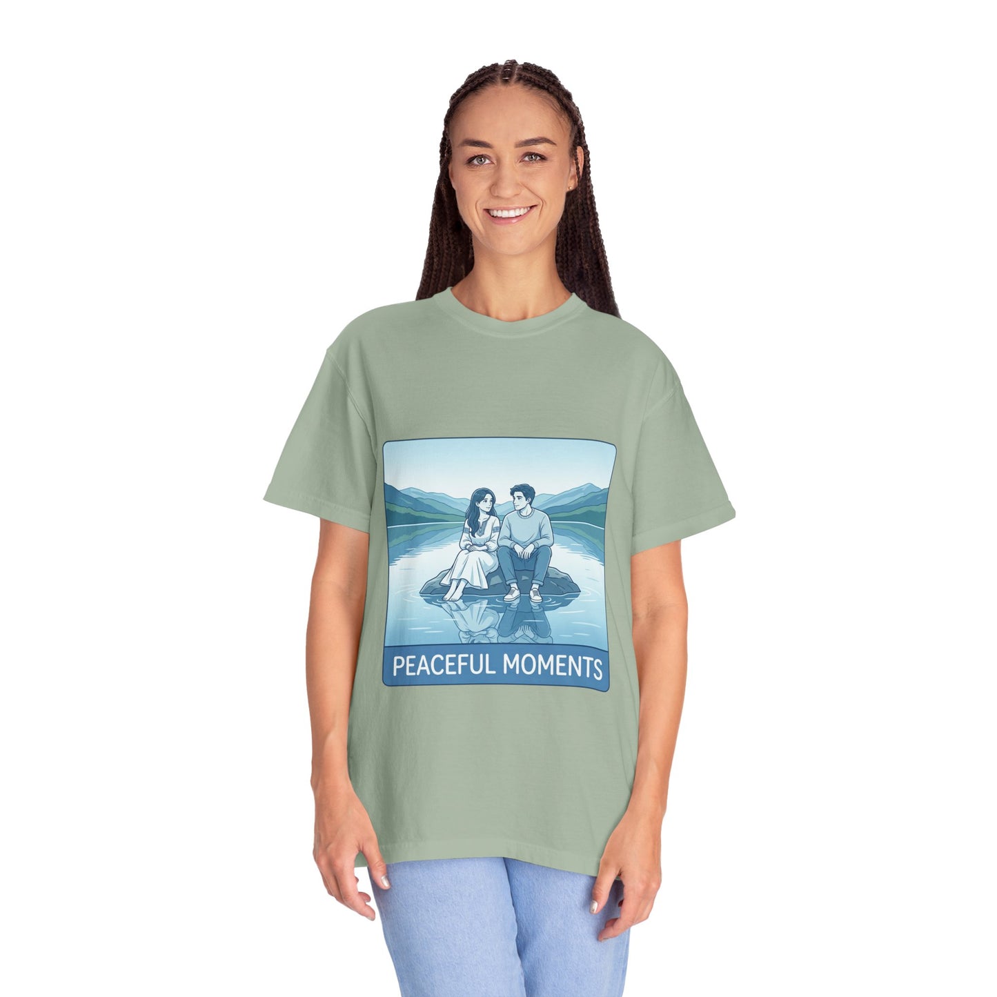 Peaceful Moments Tee — Couple Sitting by Lake Graphic T-Shirt