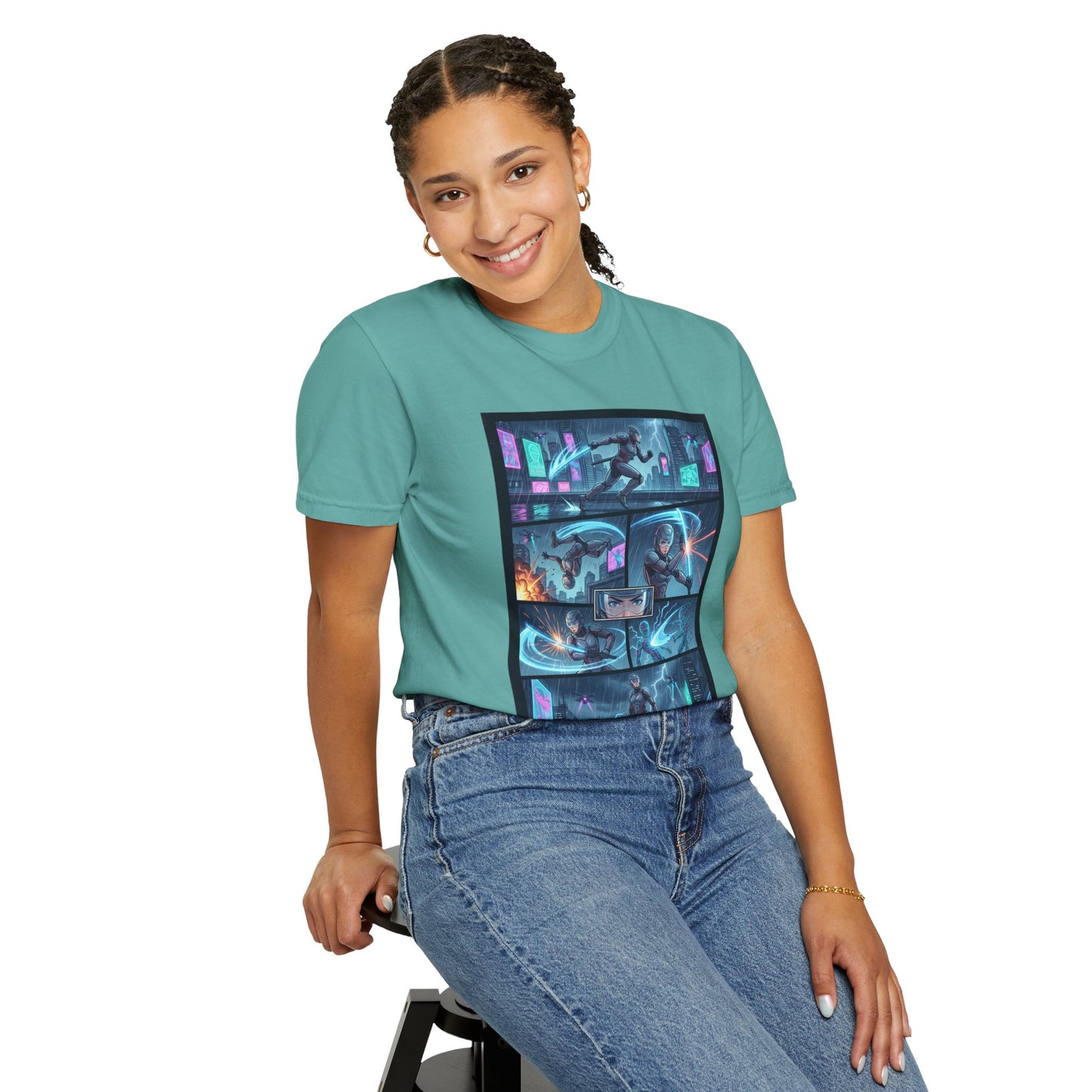 Cyberpunk Girl Samurai T-Shirt — Neon Manga Panel Graphic Tee