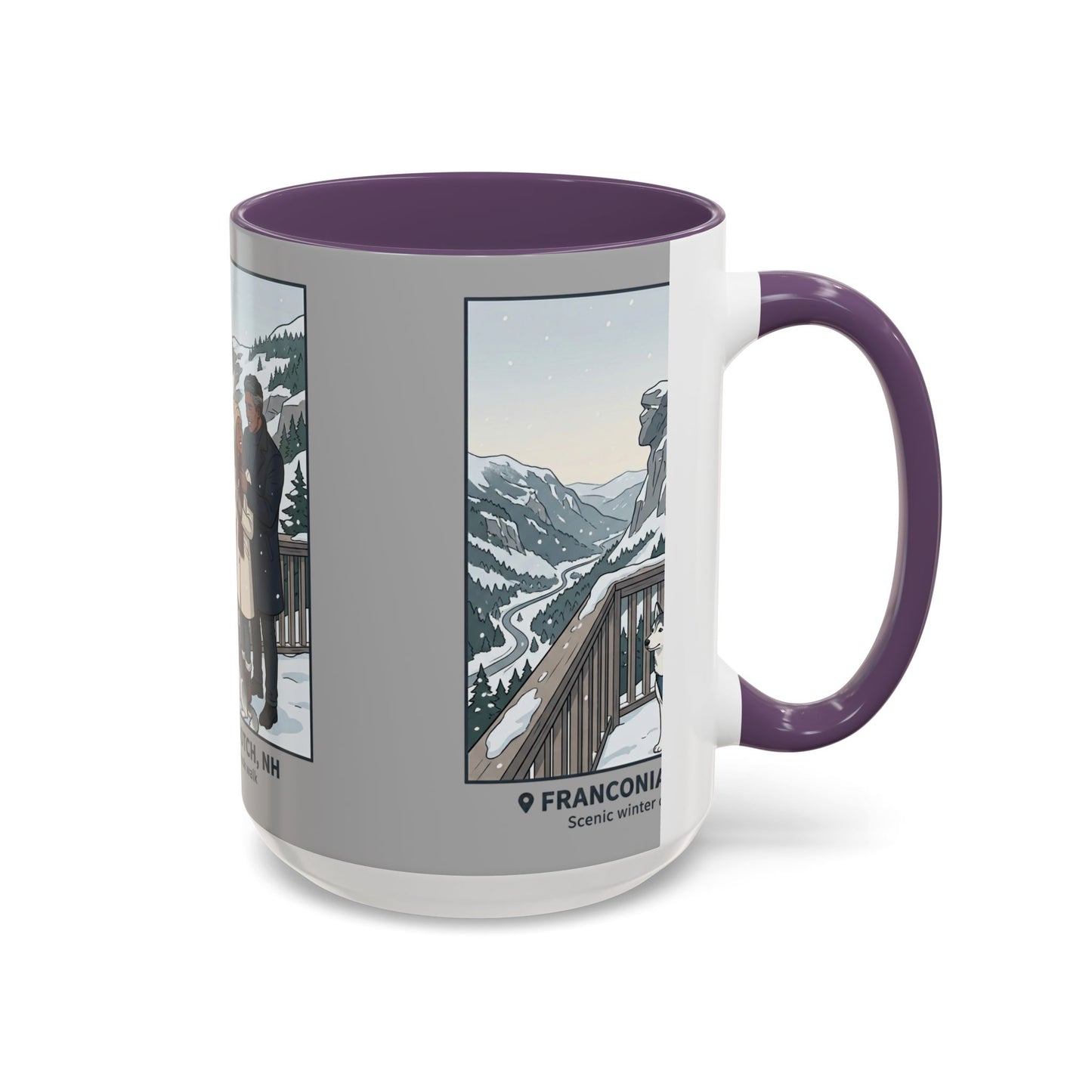 Franconia Notch Scenic Winter Mug — Couples & Dog Snowy Overlook Coffee Cup (11/15oz)