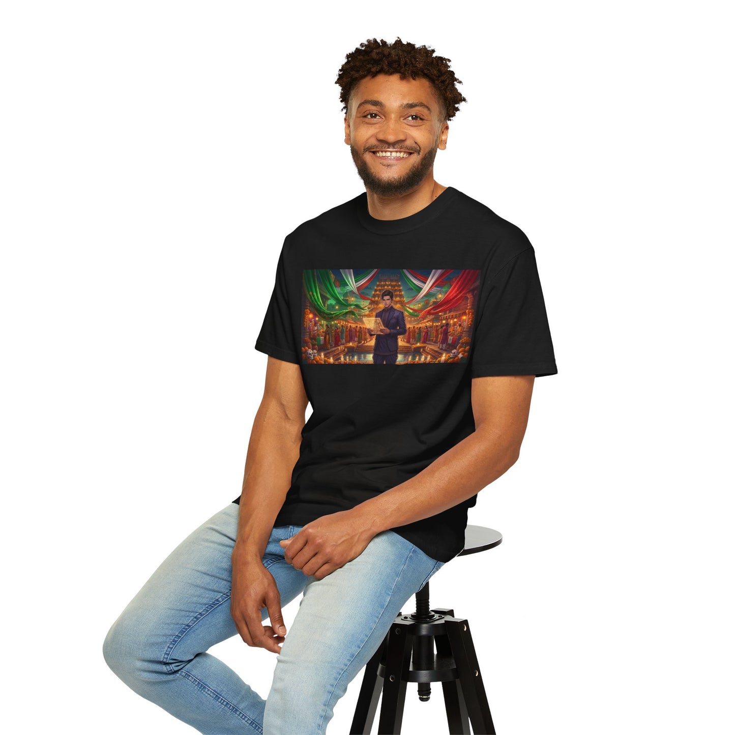 T-Shirt — Dragon Temple Night Scene Graphic Tee (Monk with Dragons)
