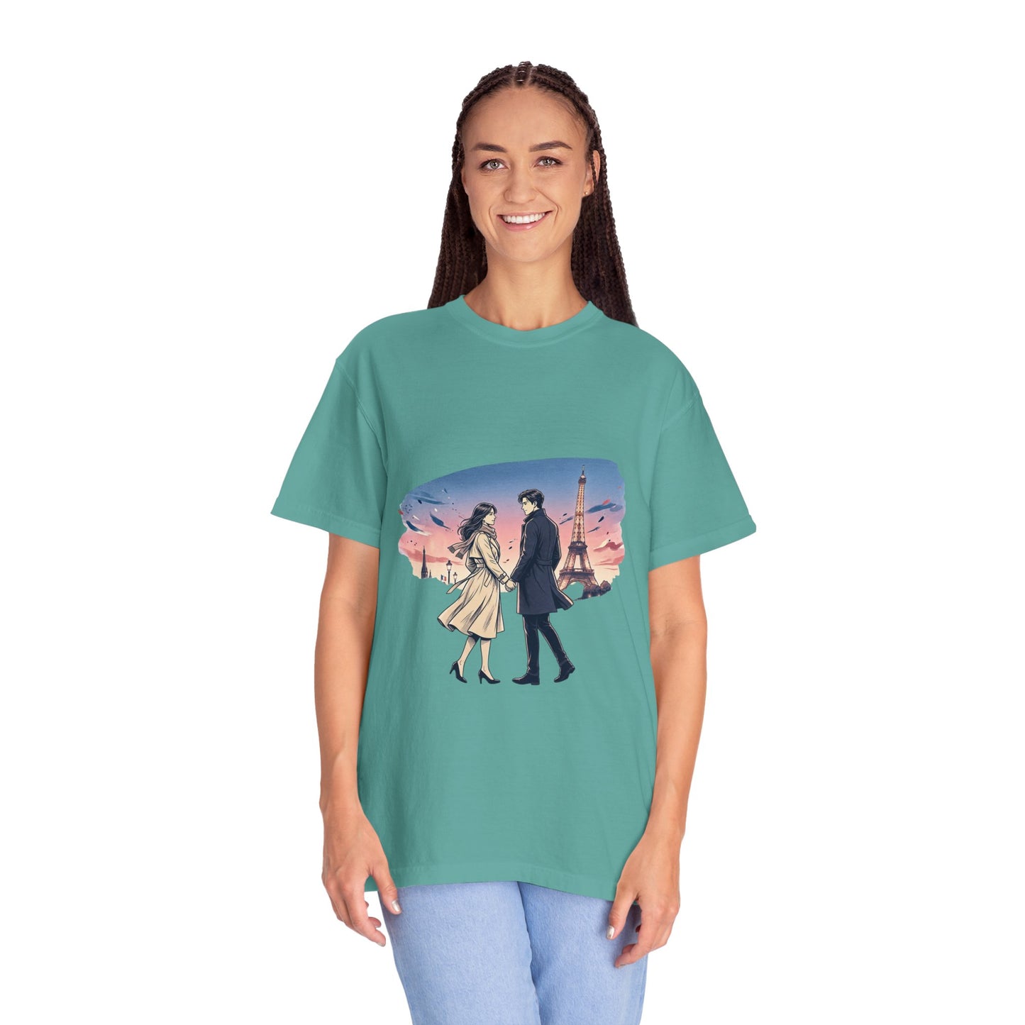Paris Sunset Romance T-Shirt — Couple Walking by Eiffel Tower Graphic Tee