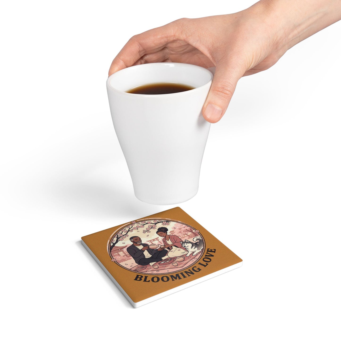 Blooming Love Ceramic Coaster — Romantic Picnic Cherry Blossom Tea Time Gift