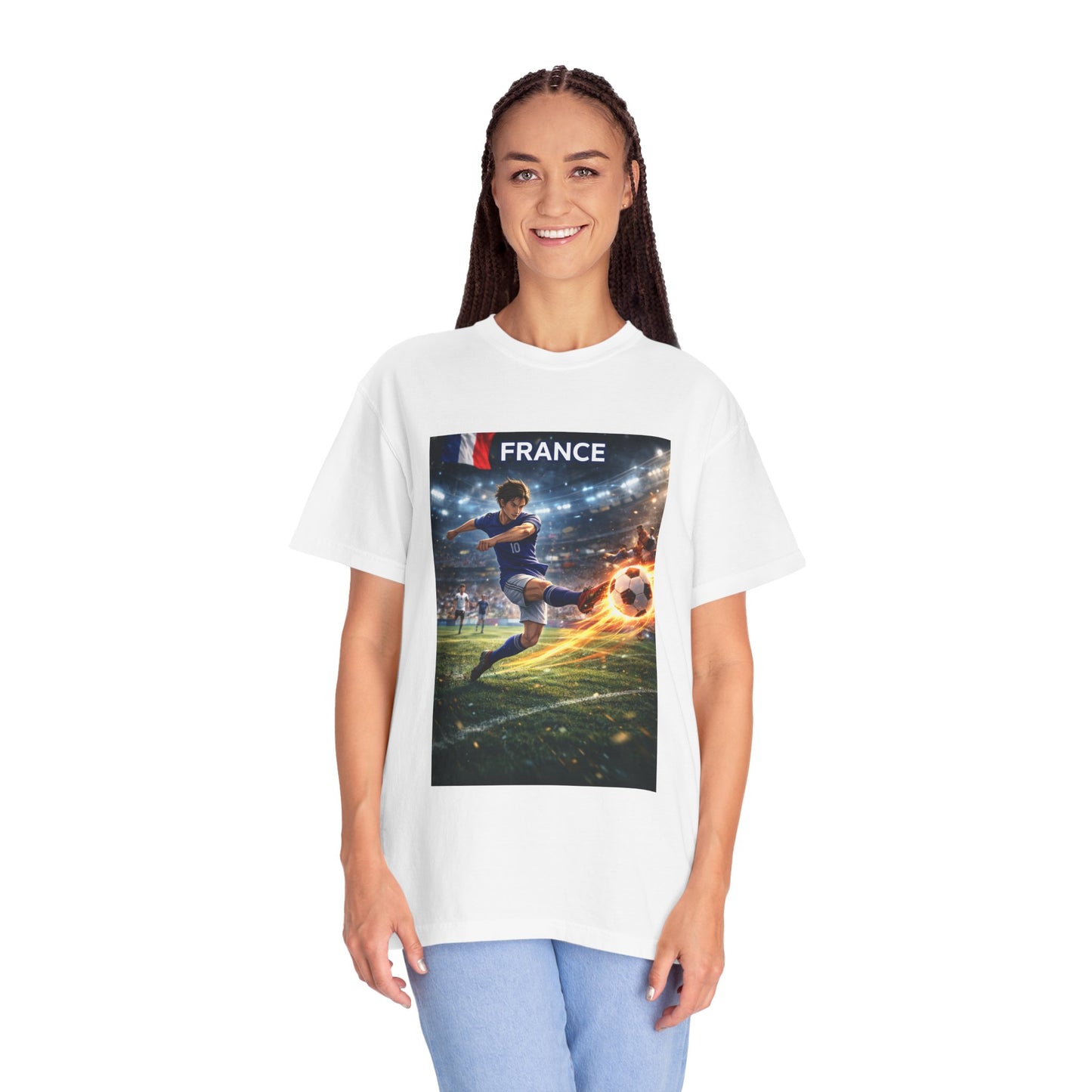 France Soccer Player Graphic T-Shirt — Football Kick Stadium Design
