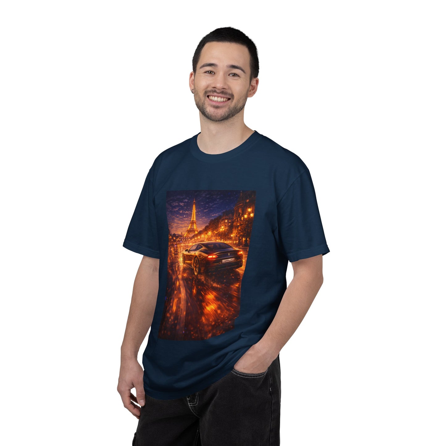Paris Night Drive T-Shirt — Sports Car in Rainy Cityscape