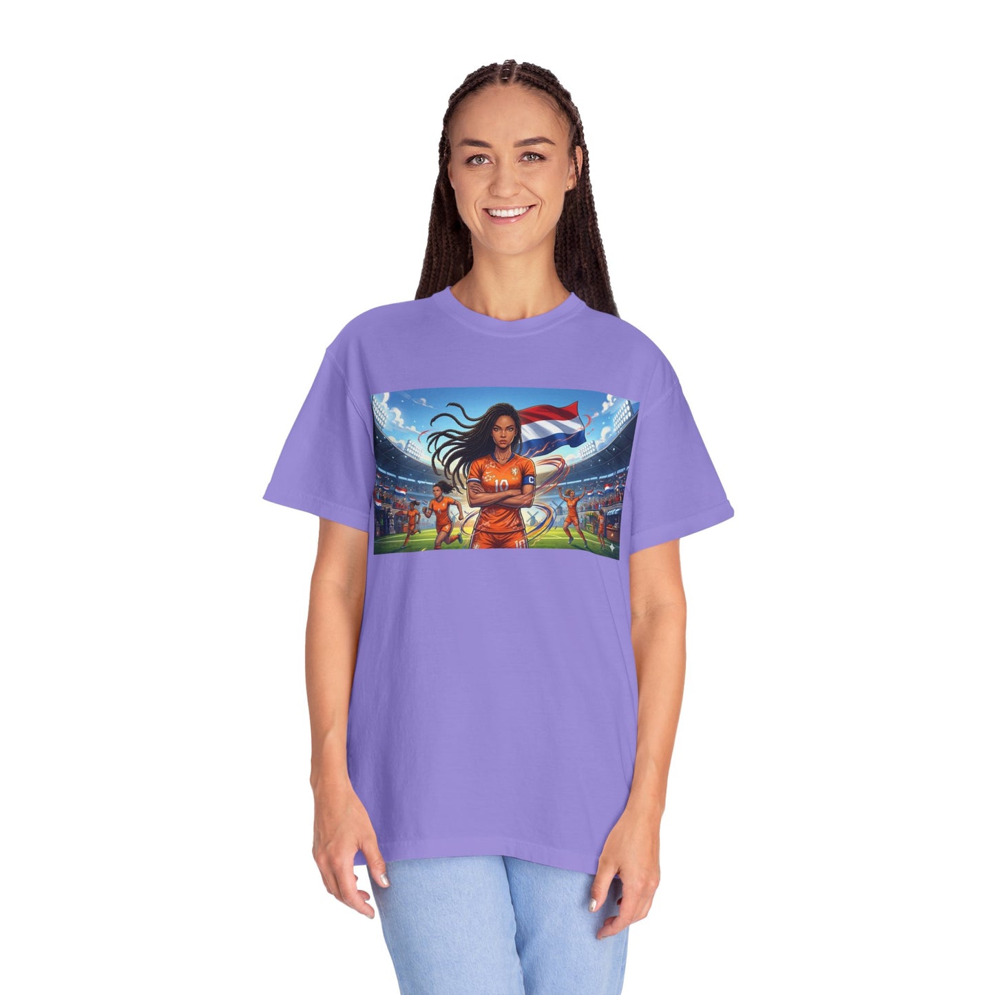 Soccer Warrior T-Shirt — Netherlands Female Captain with Flag Stadium Graphic