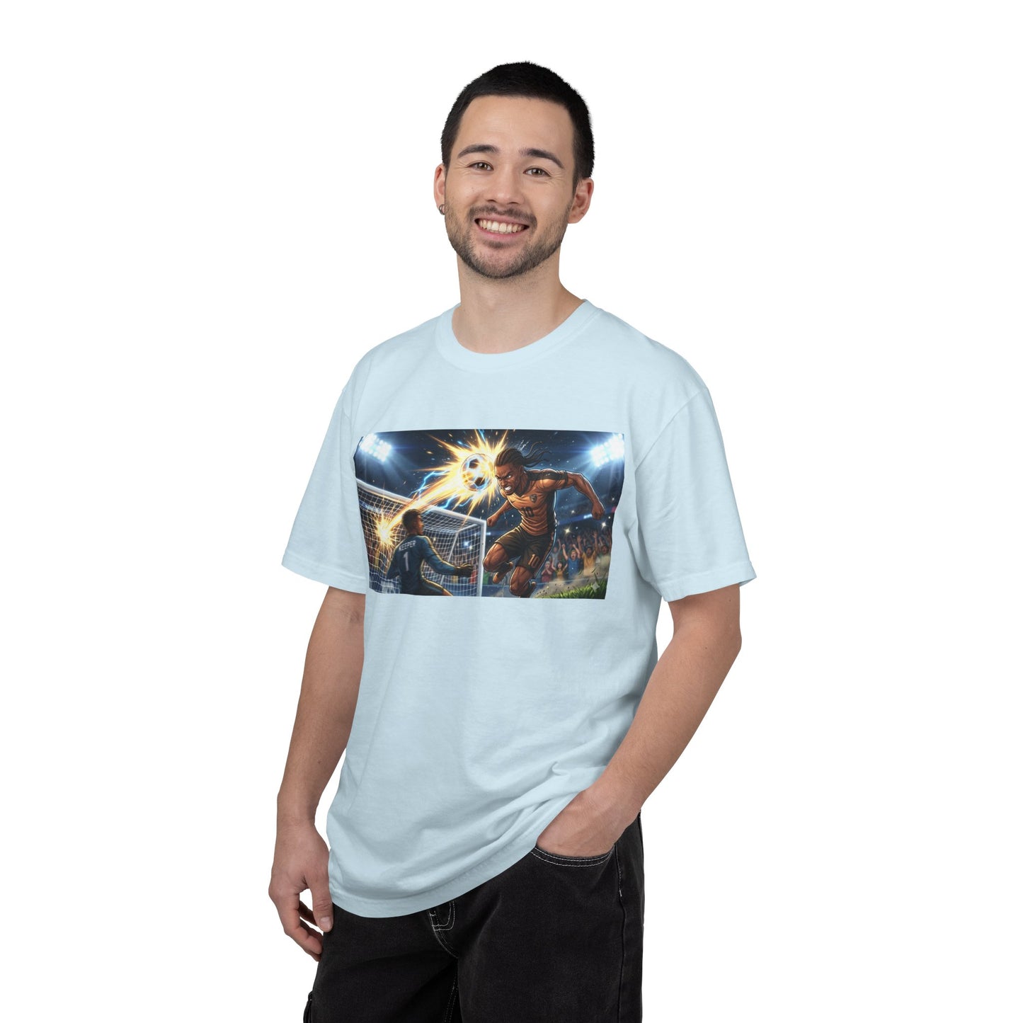 Soccer Goal Celebration T-Shirt — Action Football Scene Graphic Tee