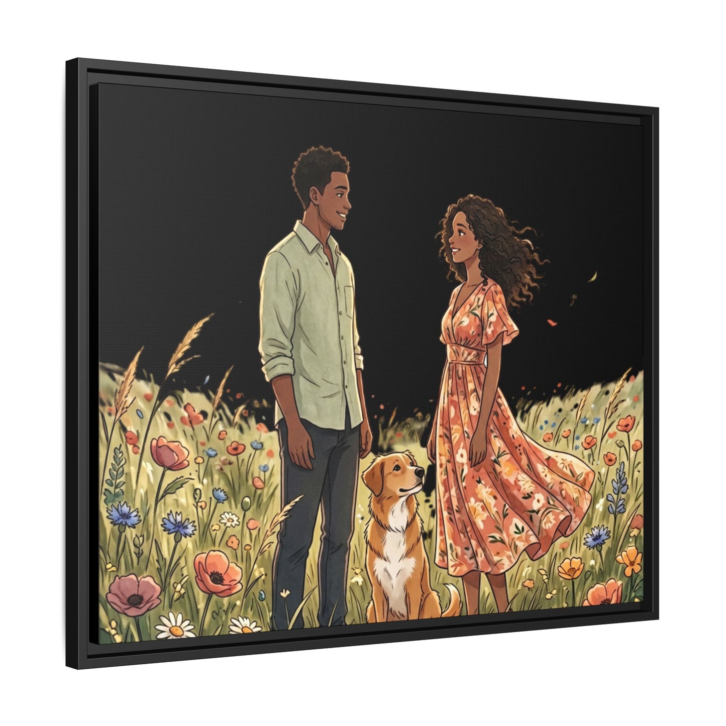 Framed Matte Canvas Print — Romantic Couple in Wildflower Field (Multi‑Color)