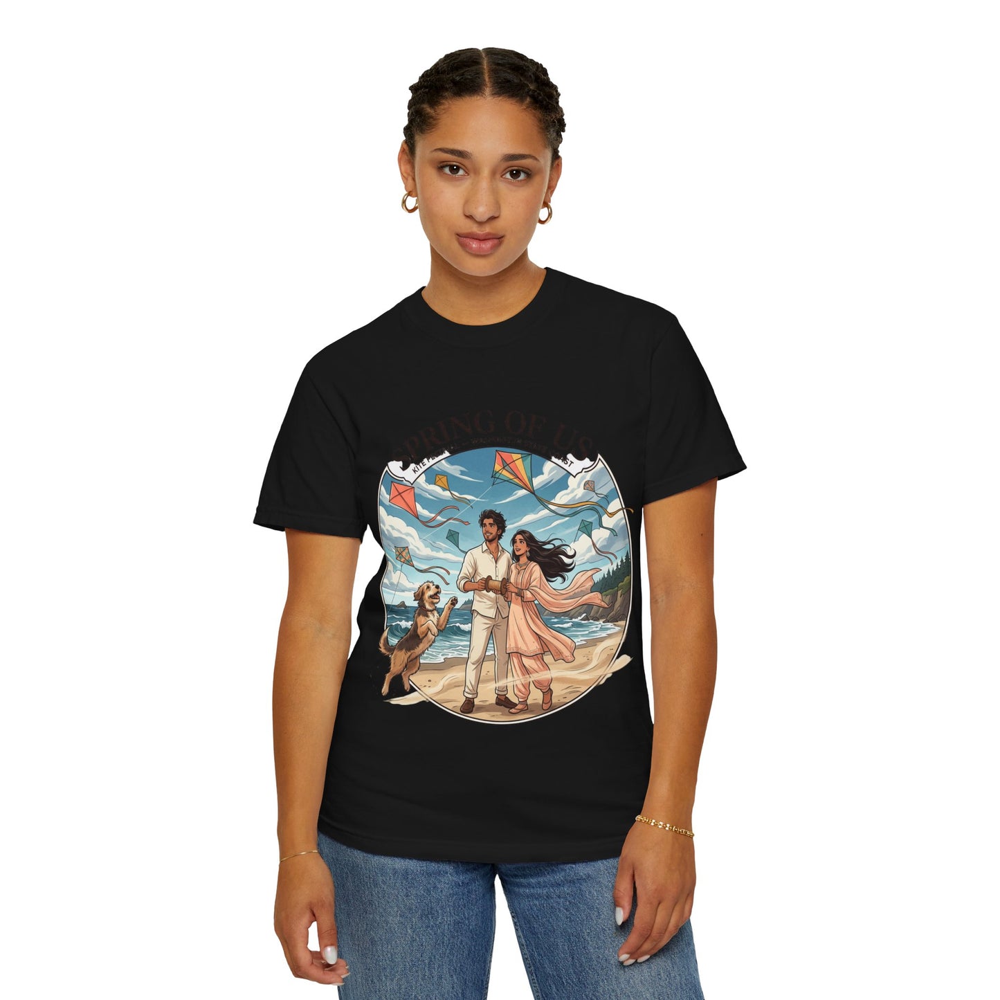 Spring of Us T-Shirt — Romantic Beach Couple Illustration with Dog