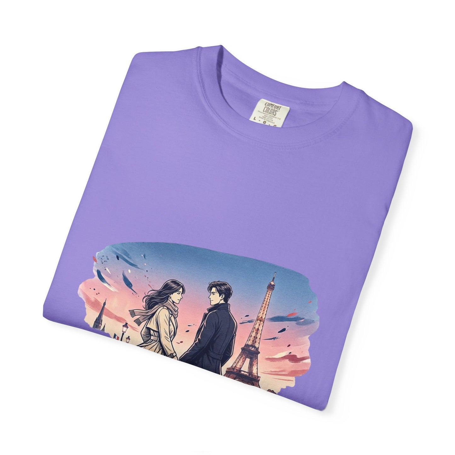 Paris Sunset Romance T-Shirt — Couple Walking by Eiffel Tower Graphic Tee