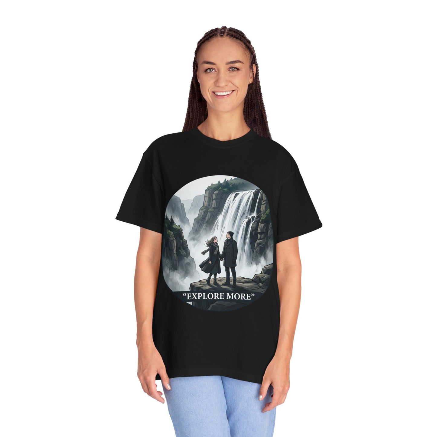 Explore More T-Shirt — Adventure Graphic Tee with Waterfall Scene