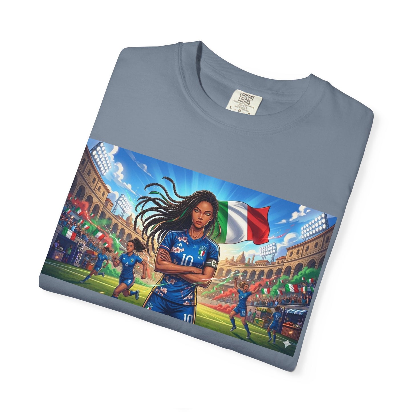 Italian Soccer Fan T‑Shirt – Inspirational Female Player with Italy Flag Stadium Print