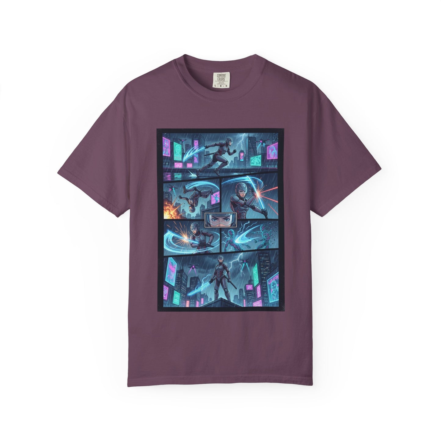 Cyberpunk Girl Samurai T-Shirt — Neon Manga Panel Graphic Tee