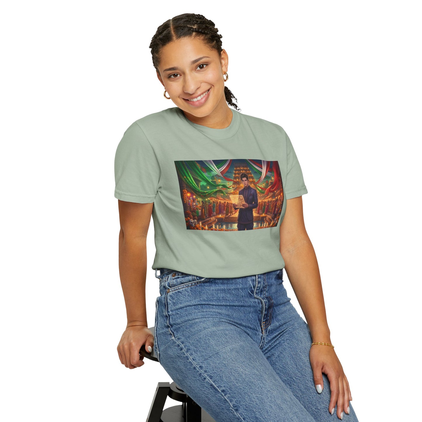 T-Shirt — Dragon Temple Night Scene Graphic Tee (Monk with Dragons)