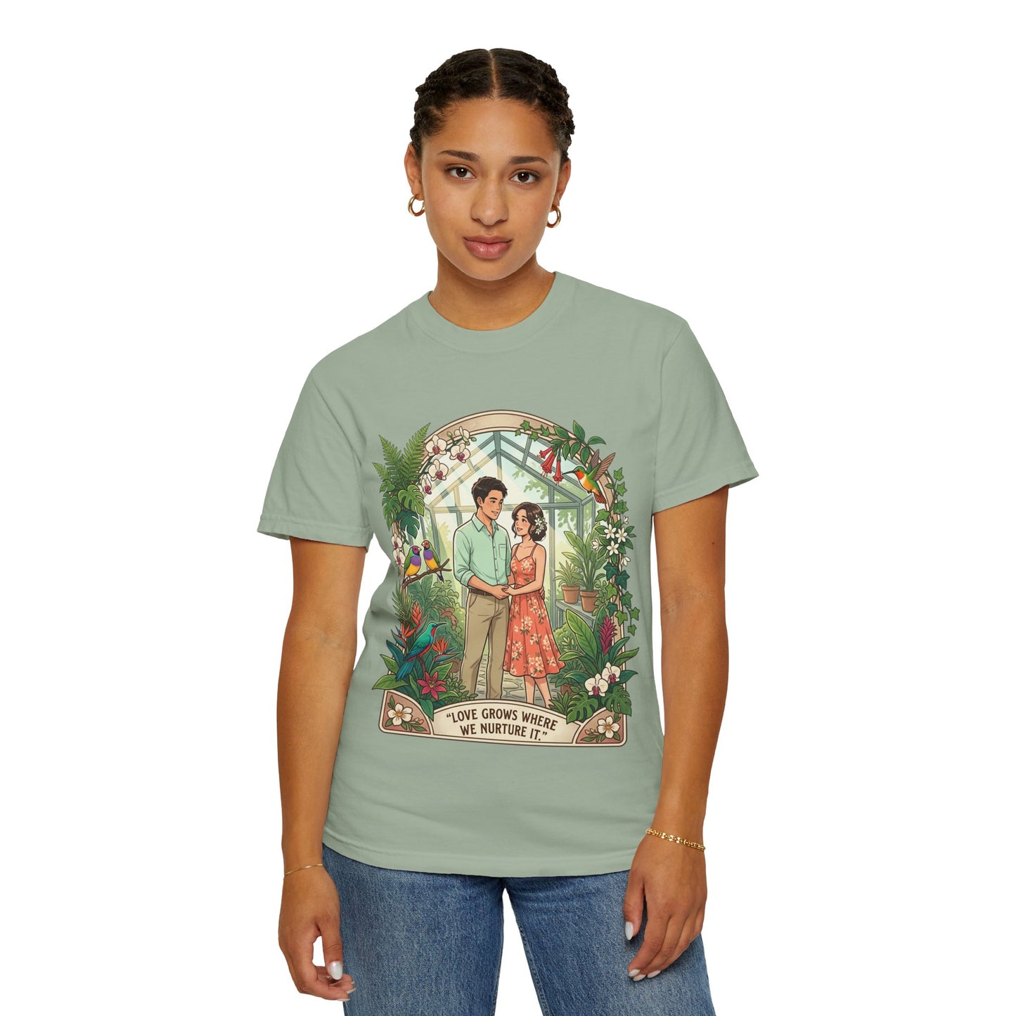 Romantic Greenhouse Couples T-Shirt — “Love Grows Where We Nurture It”